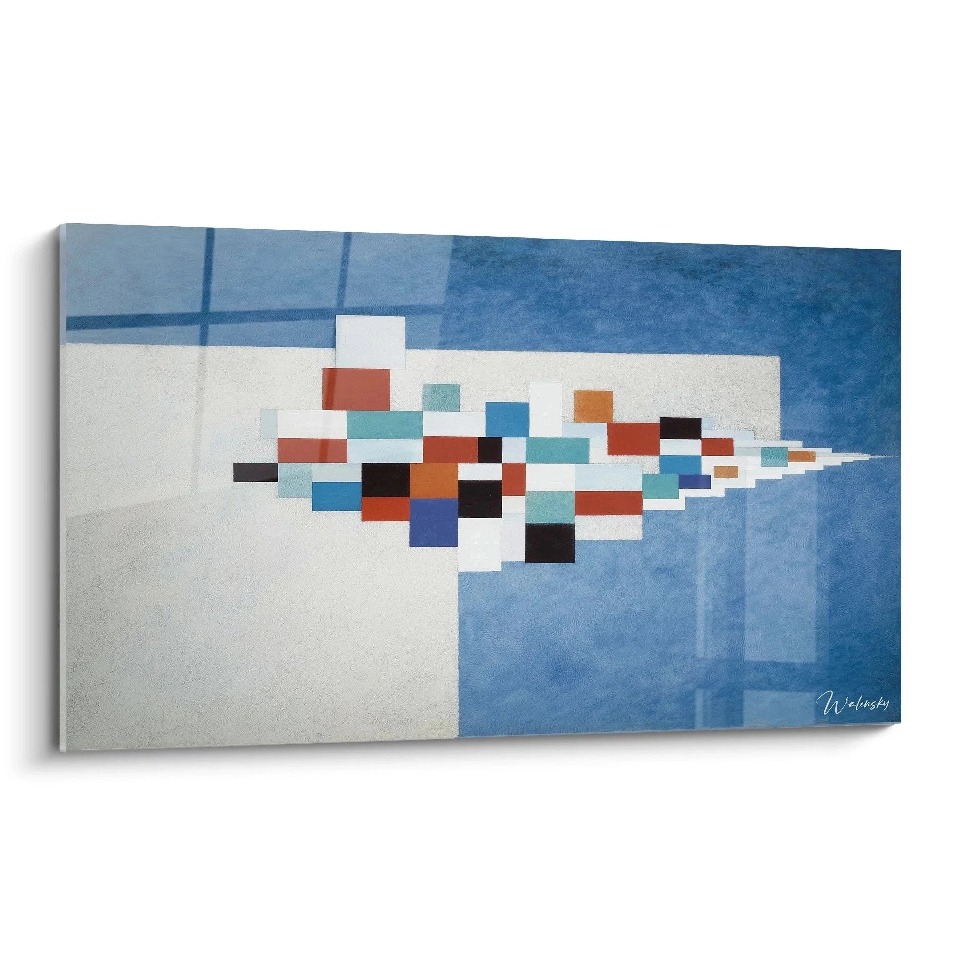 Wandbild Konstruktivismus mit geometrischen Formen in Blau, Rot und Orange auf grau-blauem Hintergrund