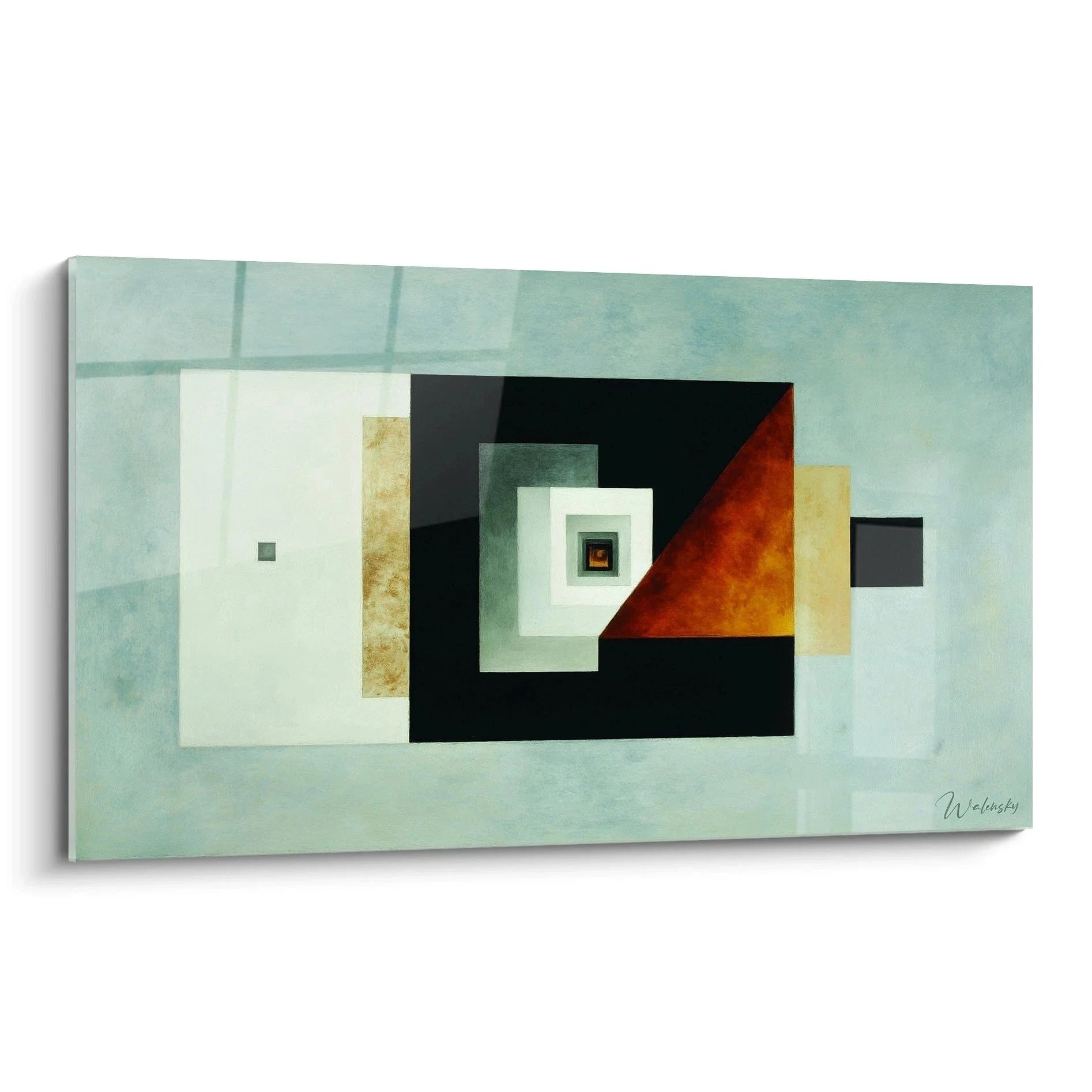 Konstruktivistisches Wandbild mit geometrischen Formen in Mint, Schwarz, Orange und Weiß