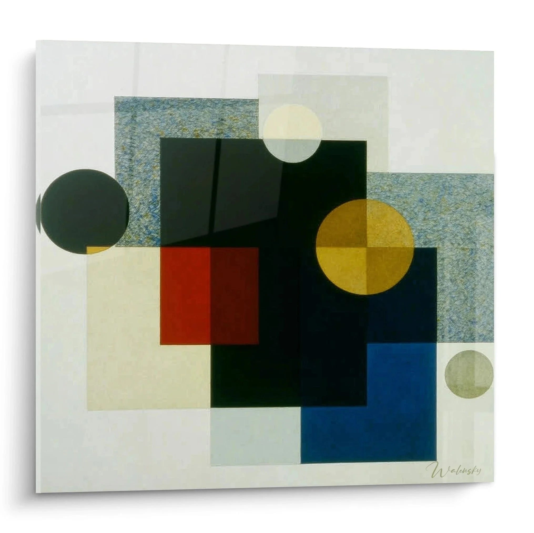 Konstruktivismus Wandbild mit geometrischen Formen, Kreisen und Quadraten in Rot, Gelb, Blau und Grün