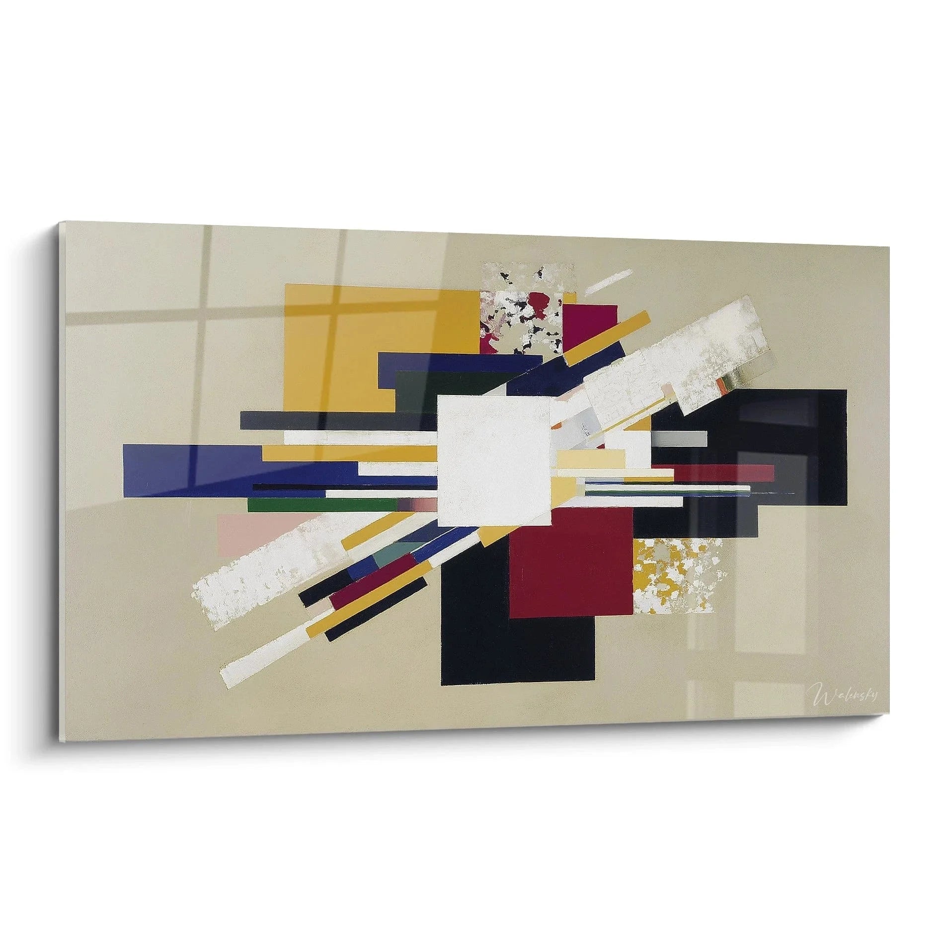 Konstruktivistische Wandbild mit geometrischen Formen in Gelb, Rot und Blau - abstrakte Kunst