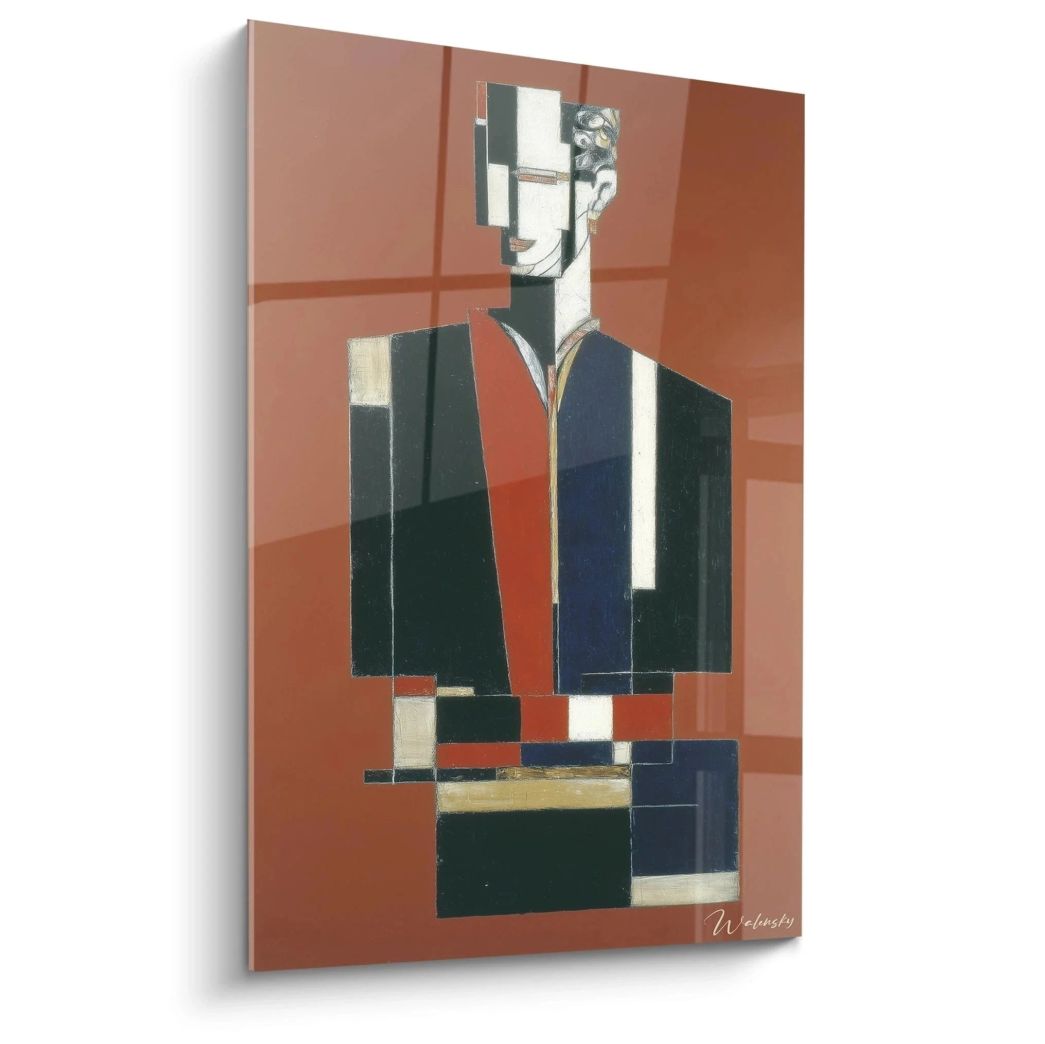 Wandbild Konstruktivismus Portrait mit geometrischen Formen in Terrakotta, Grün und Blau - moderne abstrakte Kunst