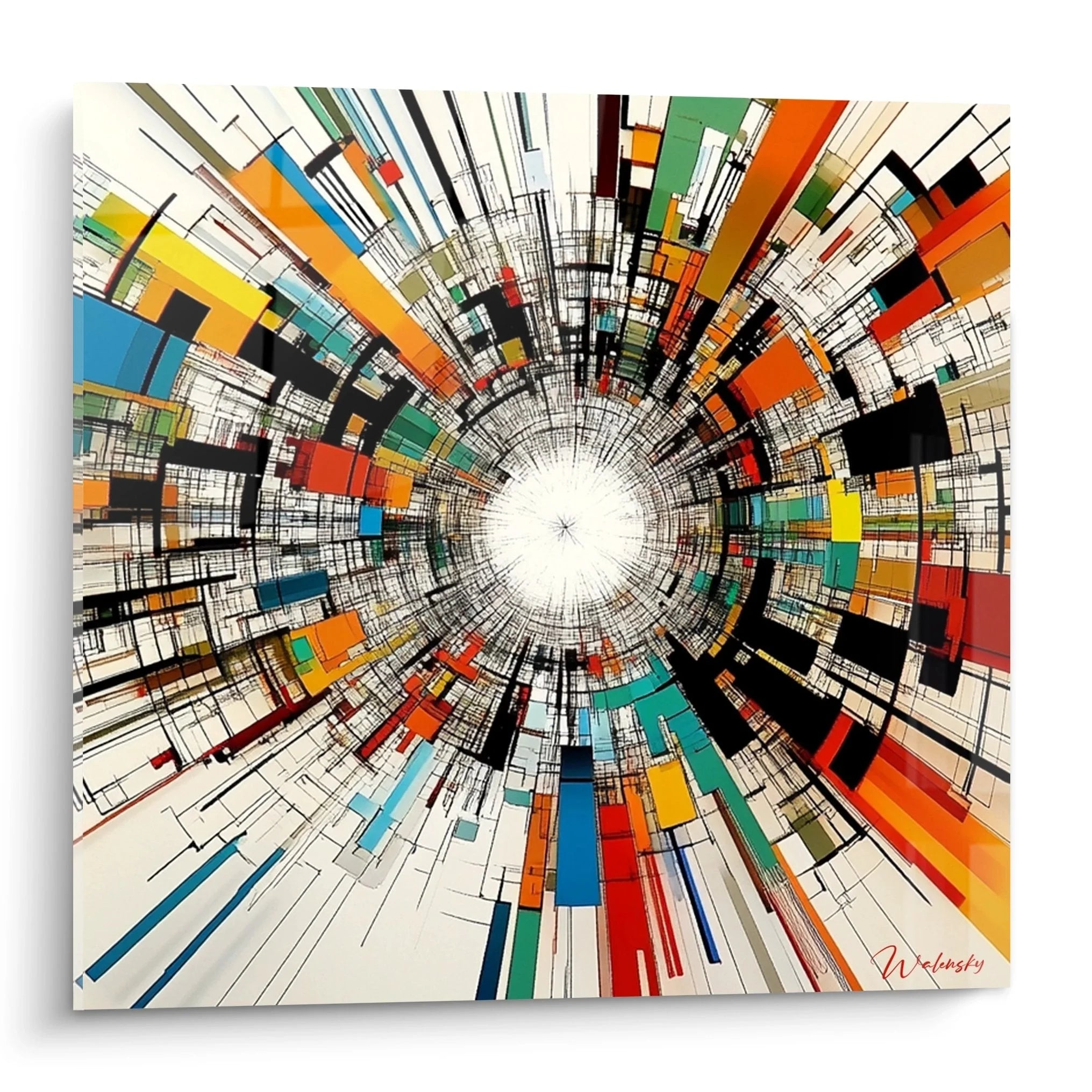 Wandbild Konstruktivismus mit radialer geometrischer Komposition in leuchtenden Farben - moderne Wandkunst