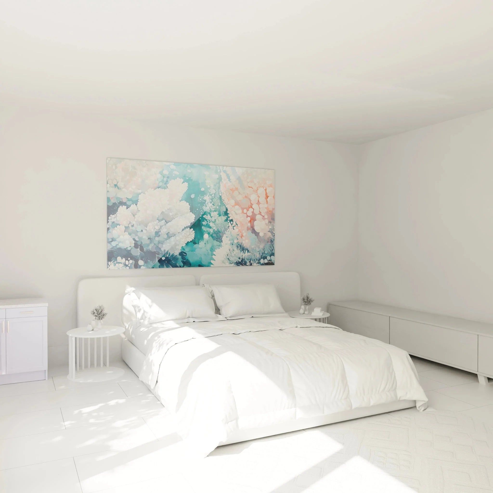 Wandbild Korallengarten im Schlafzimmer - maritime Wanddekoration in Blau und Weiß