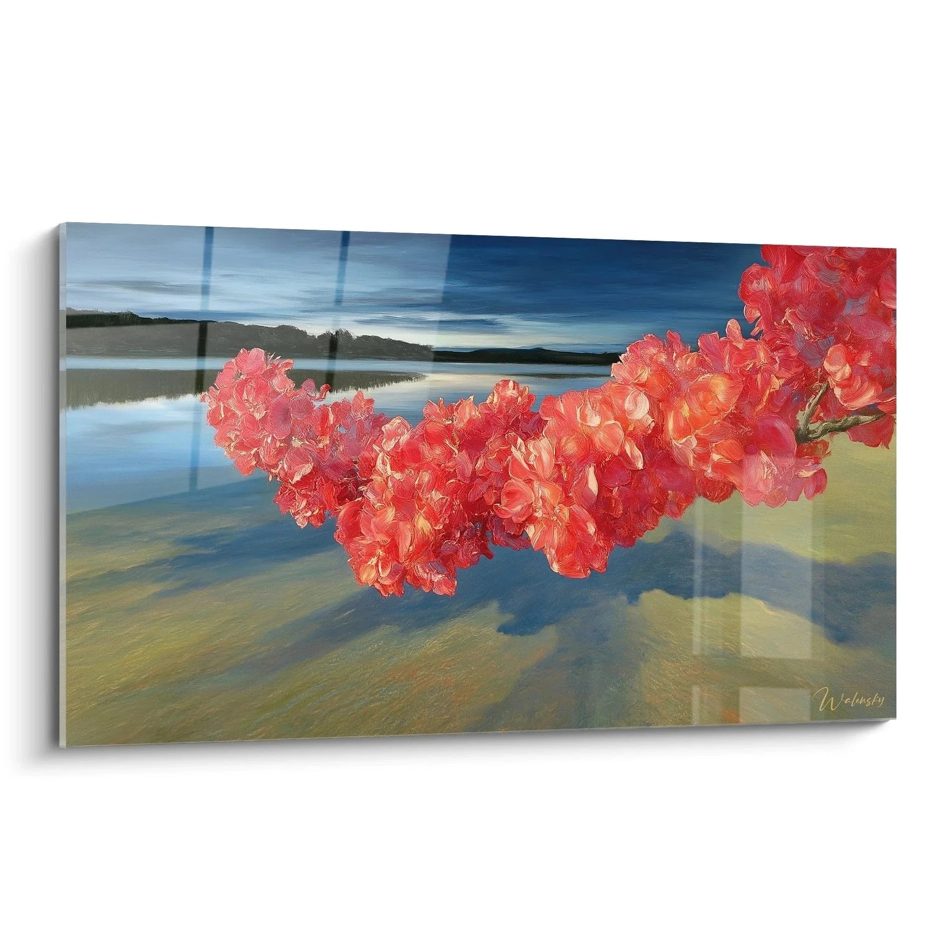 Hyperrealistisches Wandbild mit leuchtend roten Korallen über sandigem Meeresboden in tropischem Unterwassermilieu