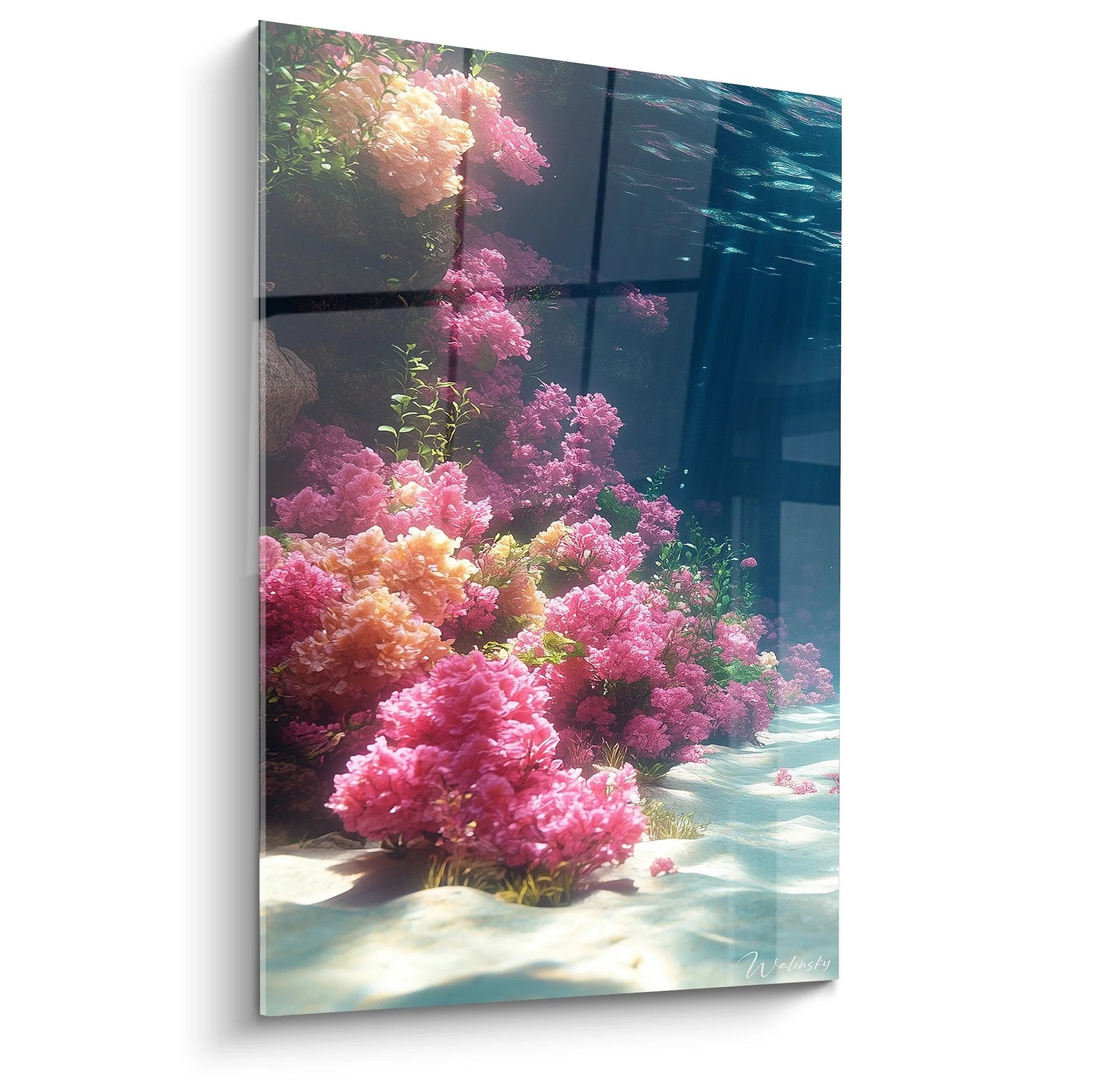 Wandbild Korallengarten mit rosa Korallen und türkisem Meerwasser - Premium Unterwasser Kunstdruck XXL