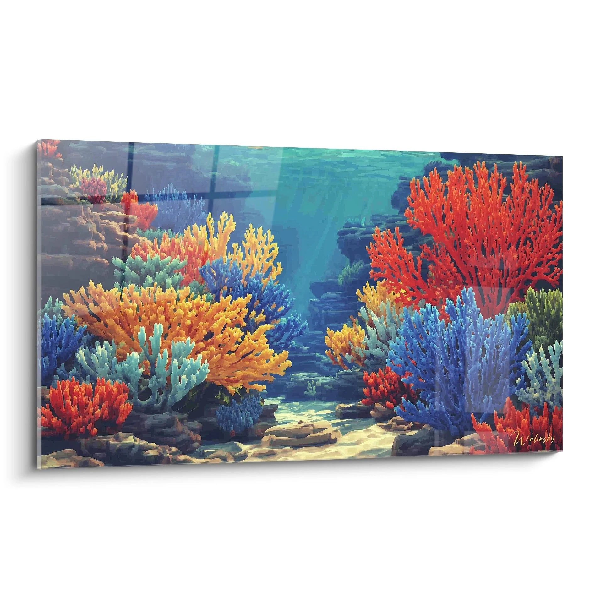 Wandbild Korallenriff mit bunten Korallen und Unterwasserlandschaft in leuchtenden Farben