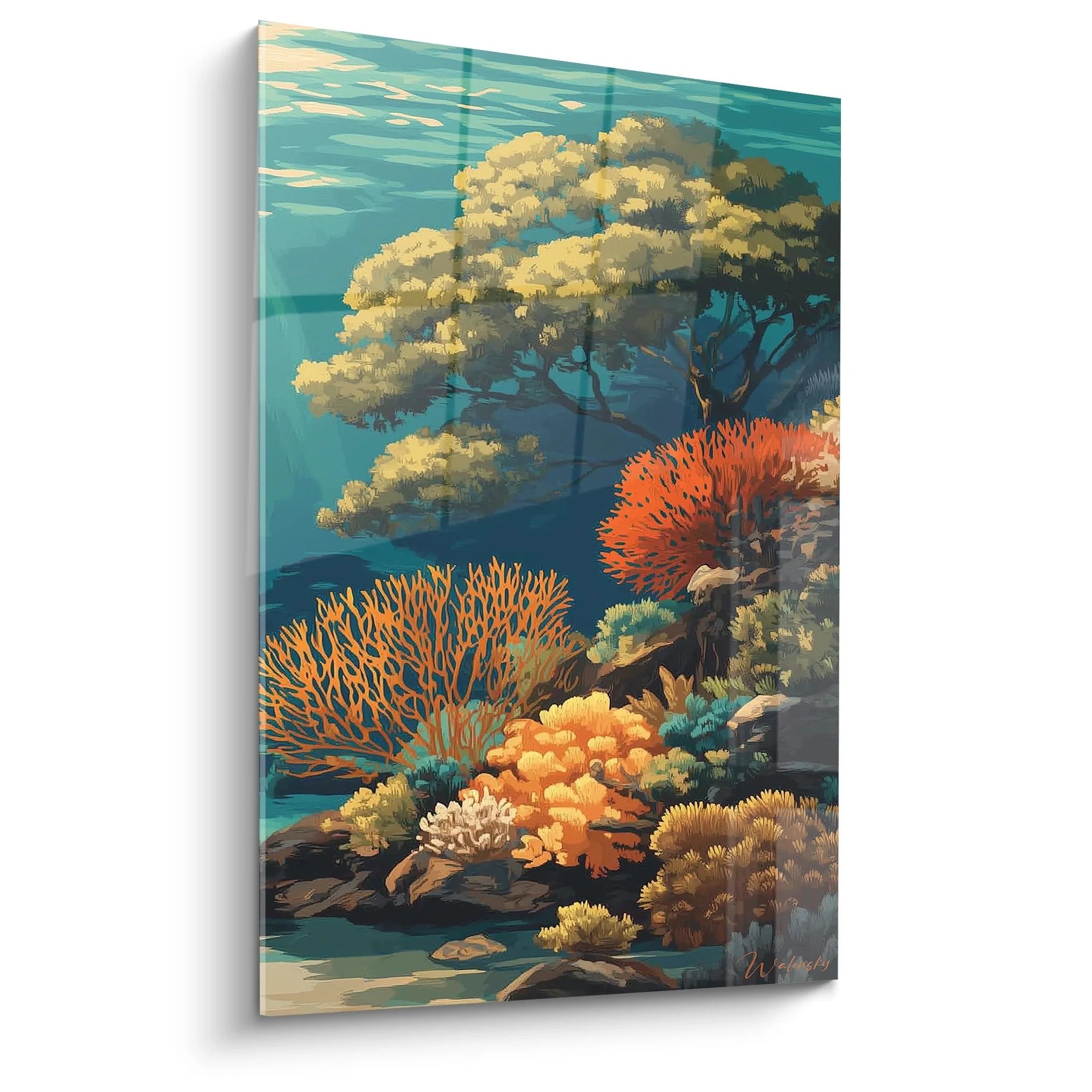 Wandbild Korallenriff XXL mit orangenen Korallen und türkisem Wasser - Maritime Wanddekoration