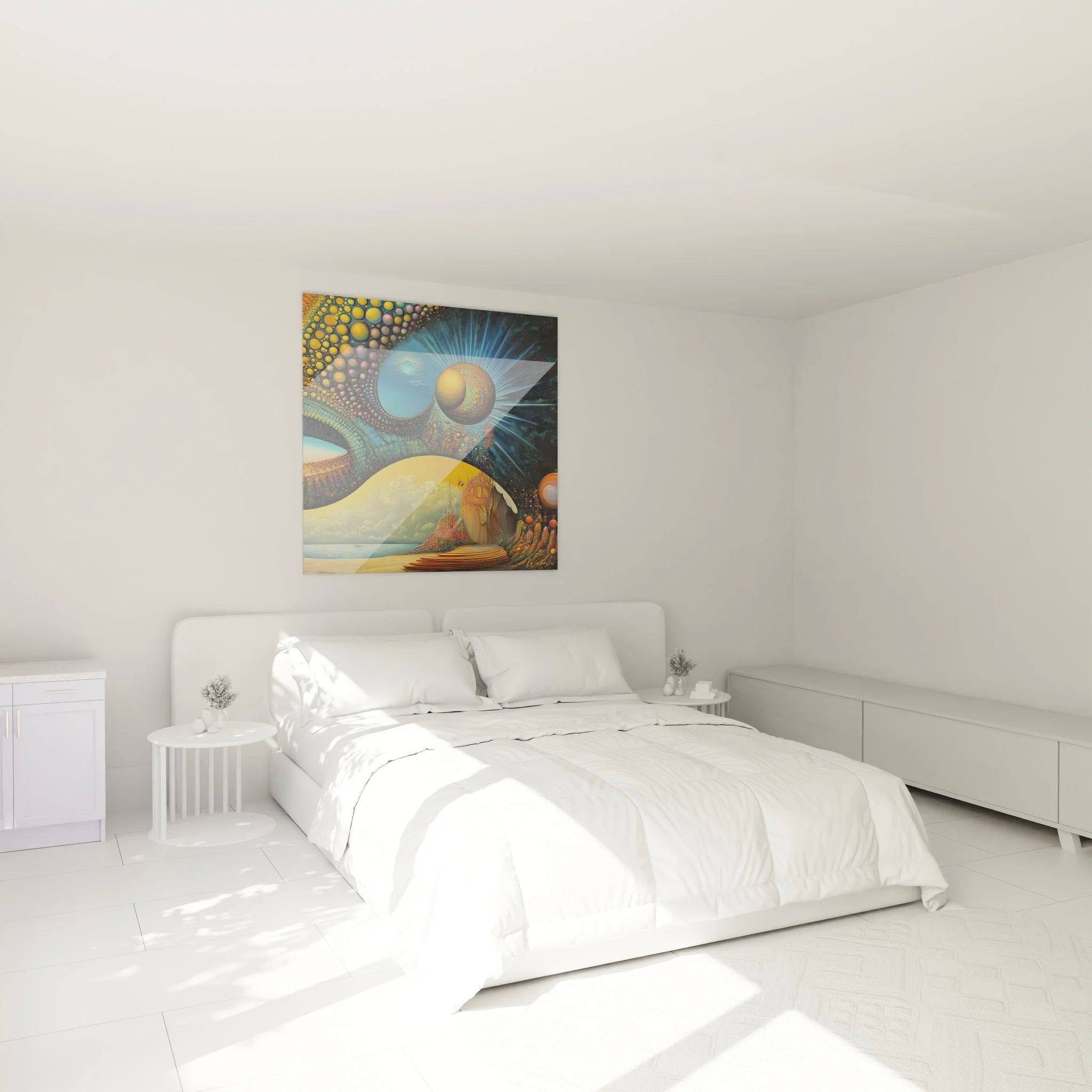 Wandbild kosmische Landschaft als stilvolle Dekoration im modernen Schlafzimmer, surrealer Kunstdruck XXL