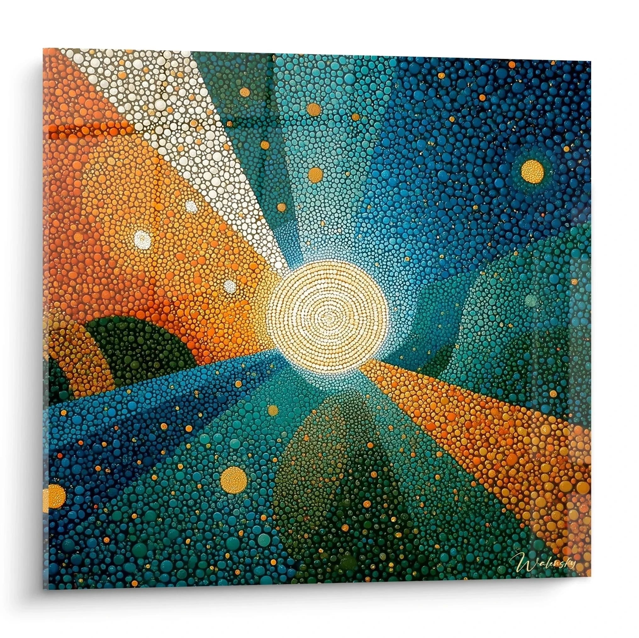 Wandbild kosmische Sonne Pointillismus mit strahlender goldener Sonne und bunten Punkten