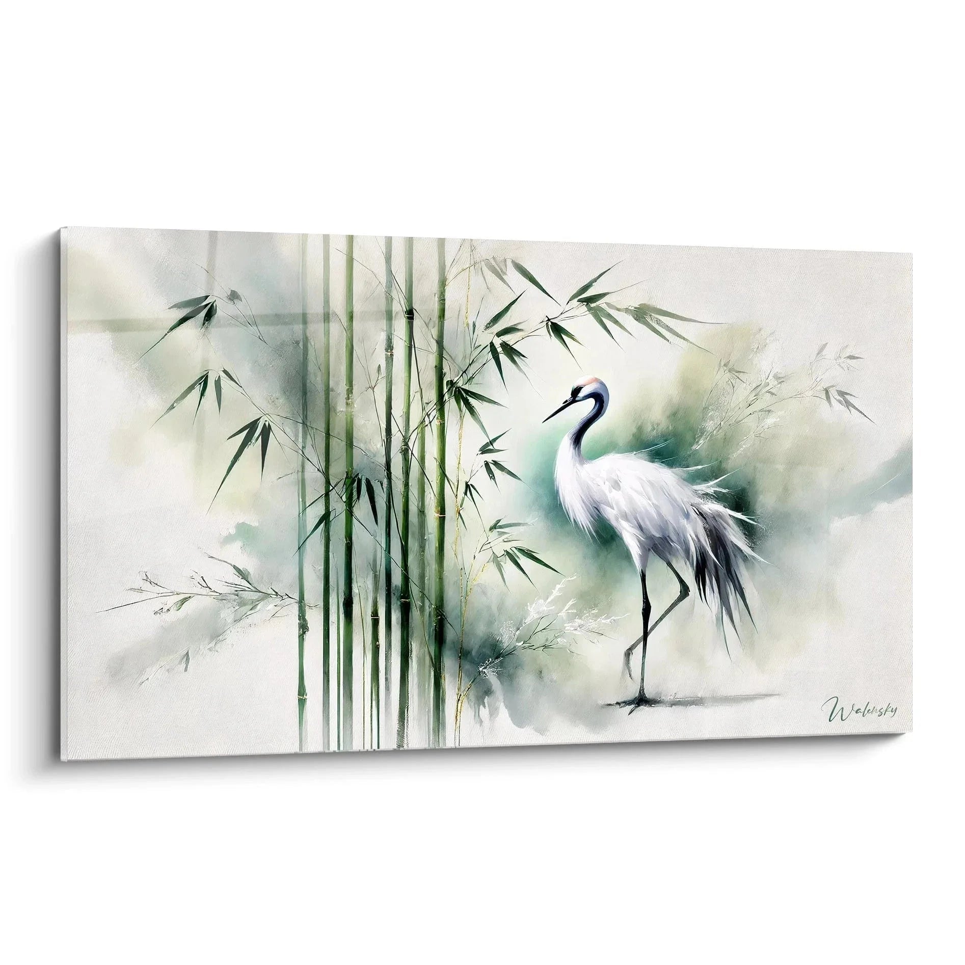 Wandbild Kranich mit Bambus in asiatischem Stil, weiße und grüne Aquarellmalerei für Wanddekoration