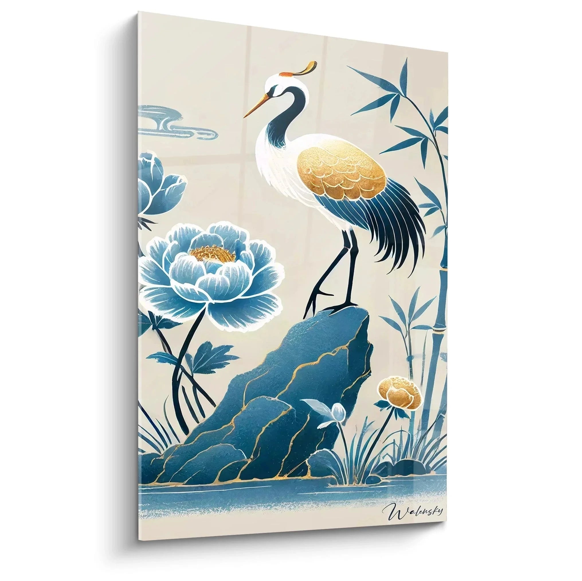 Wandbild Kranich japanisch mit Lotus und Bambus in traditioneller asiatischer Malweise für Wanddekoration