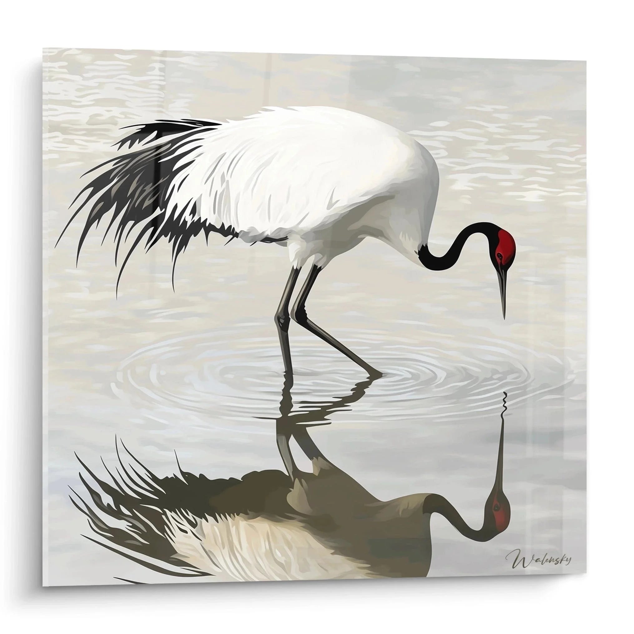 Wandbild Kranich Spiegelung beim Trinken am Wasser mit rotem Kopfschmuck in neutralen Farbtönen