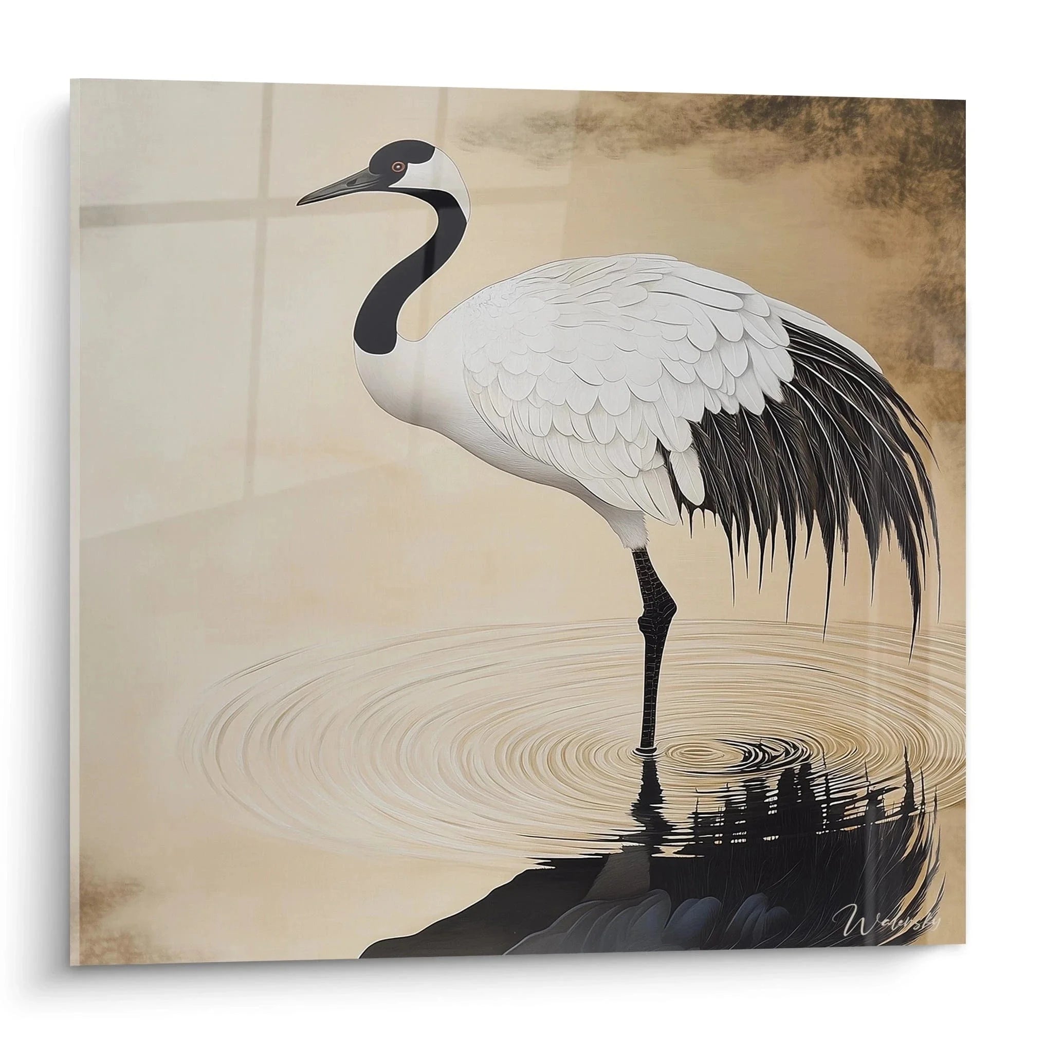 Wandbild Kranich im Wasser mit Spiegelung in warmen Erdtönen - elegante Vogel Wanddekoration