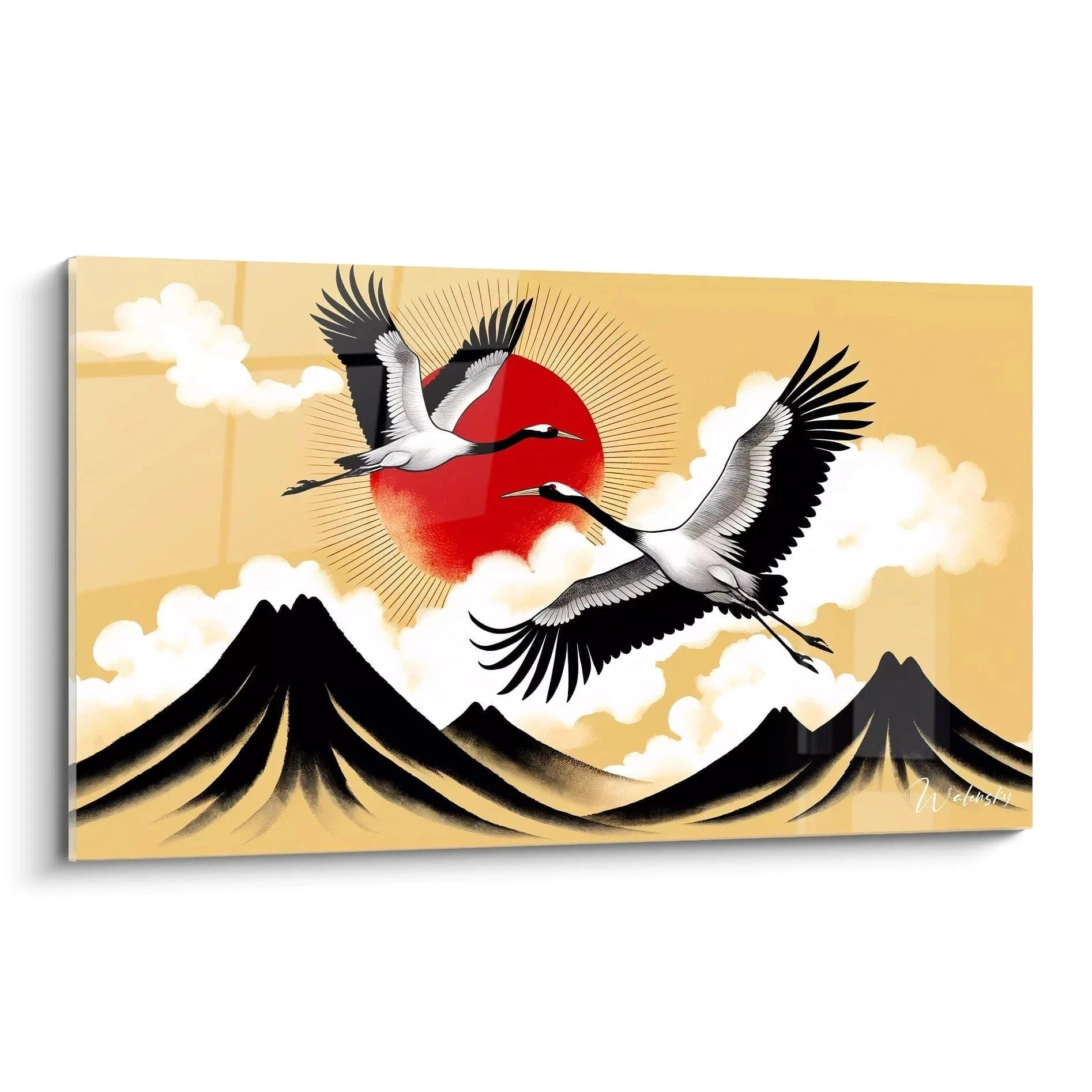 Wandbild Kraniche japanisch mit roter Sonne und Bergen - Premium Qualität Edition Japanisch