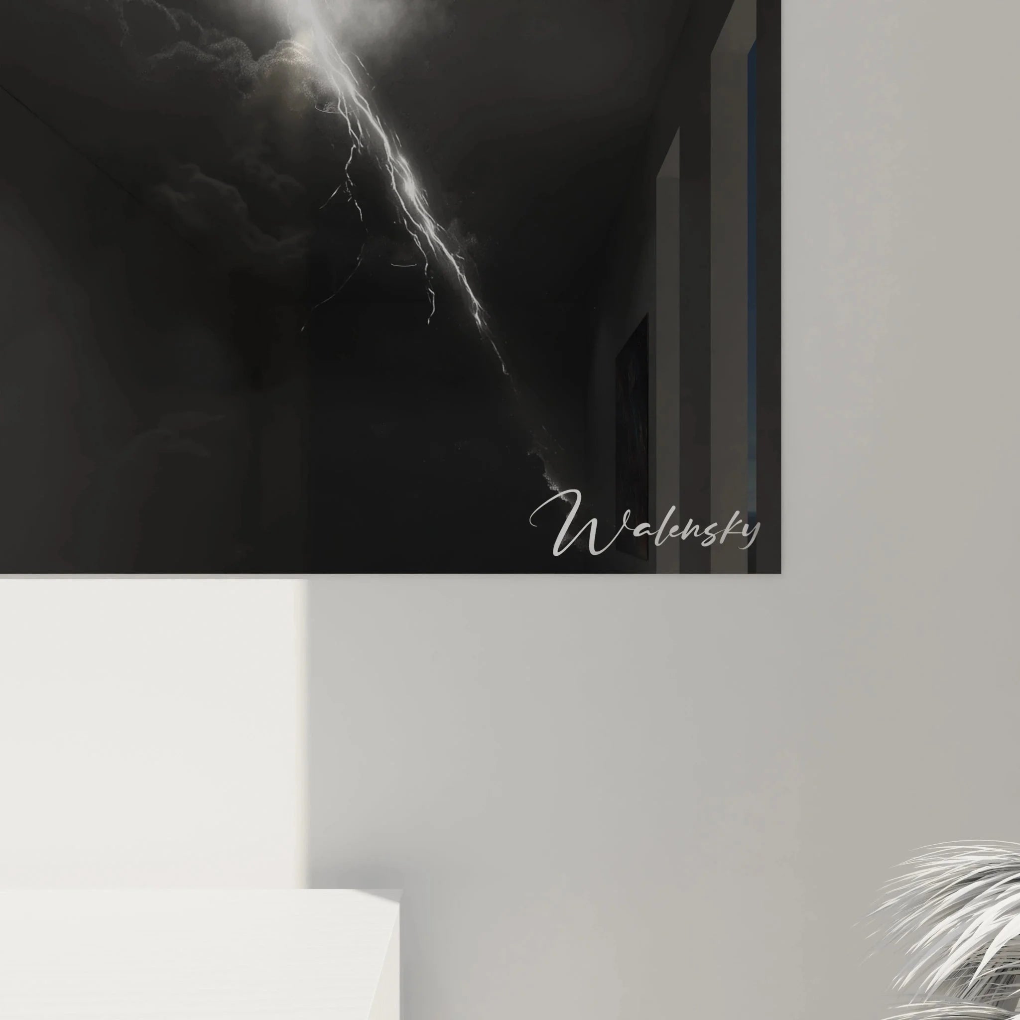 Gesamtansicht Wandbild Kreuz Blitz schwarz-weiß XXL Format, religiöse Landschaftskunst