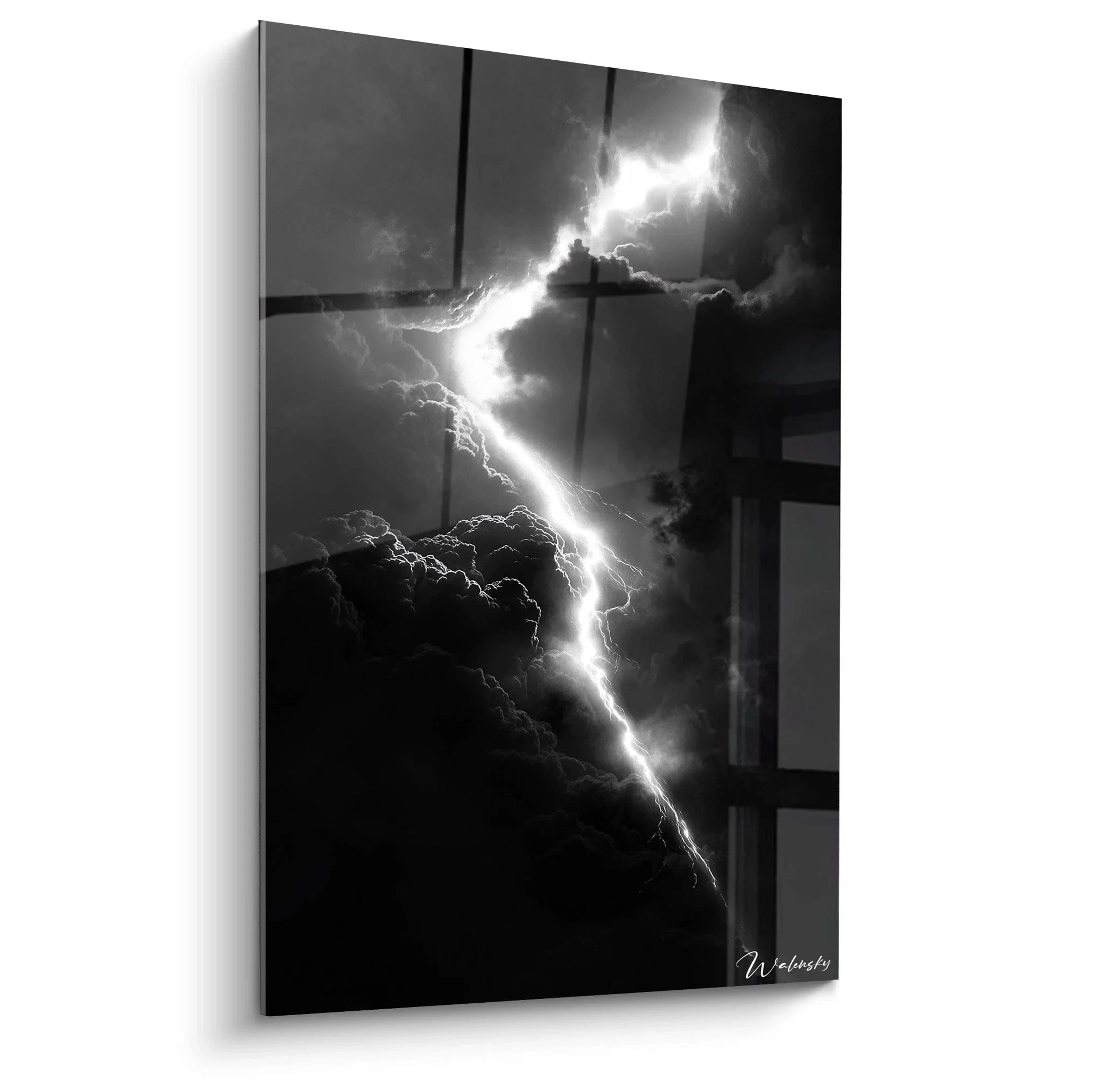 Wandbild Kreuz mit dramatischem Blitz in schwarz-weiß, spirituelle Landschaft mit Wolkenformation