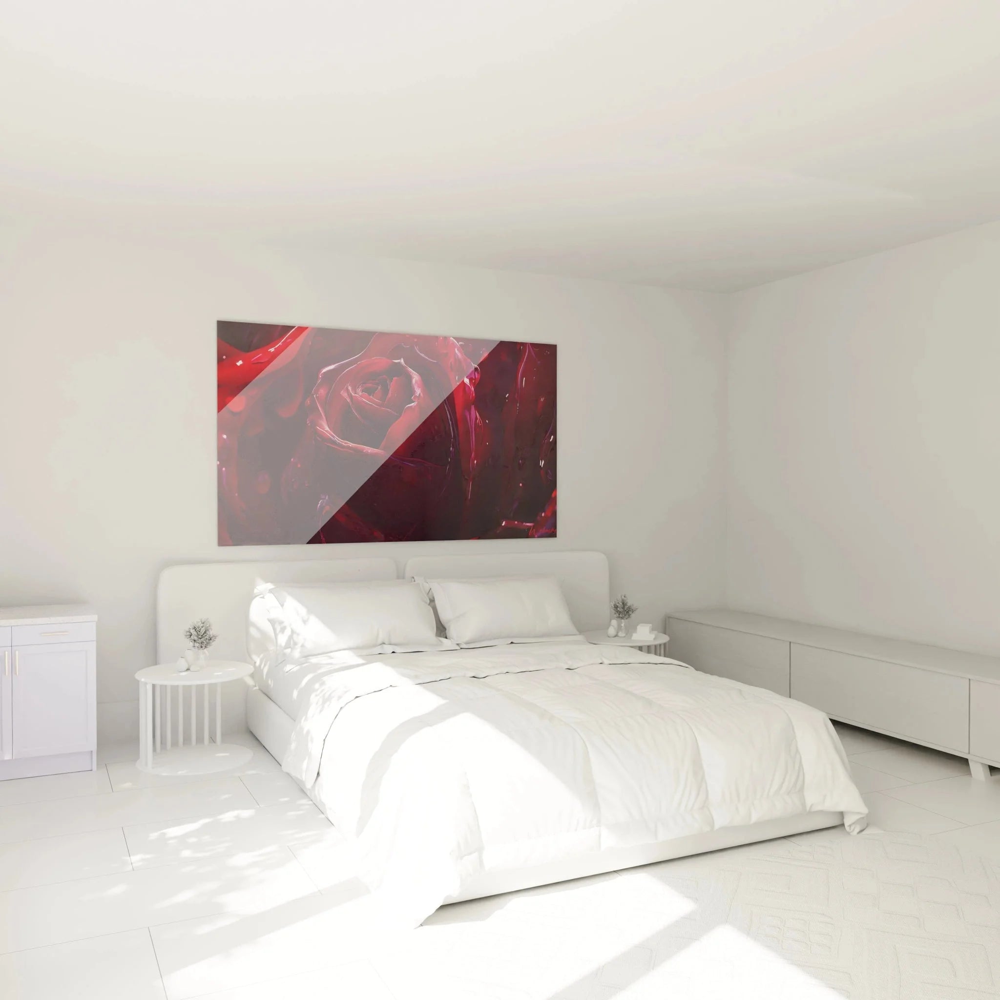 Wandbild Kristall Rose in rotem Licht als exklusive Schlafzimmer Wanddekoration im Luxus-Design