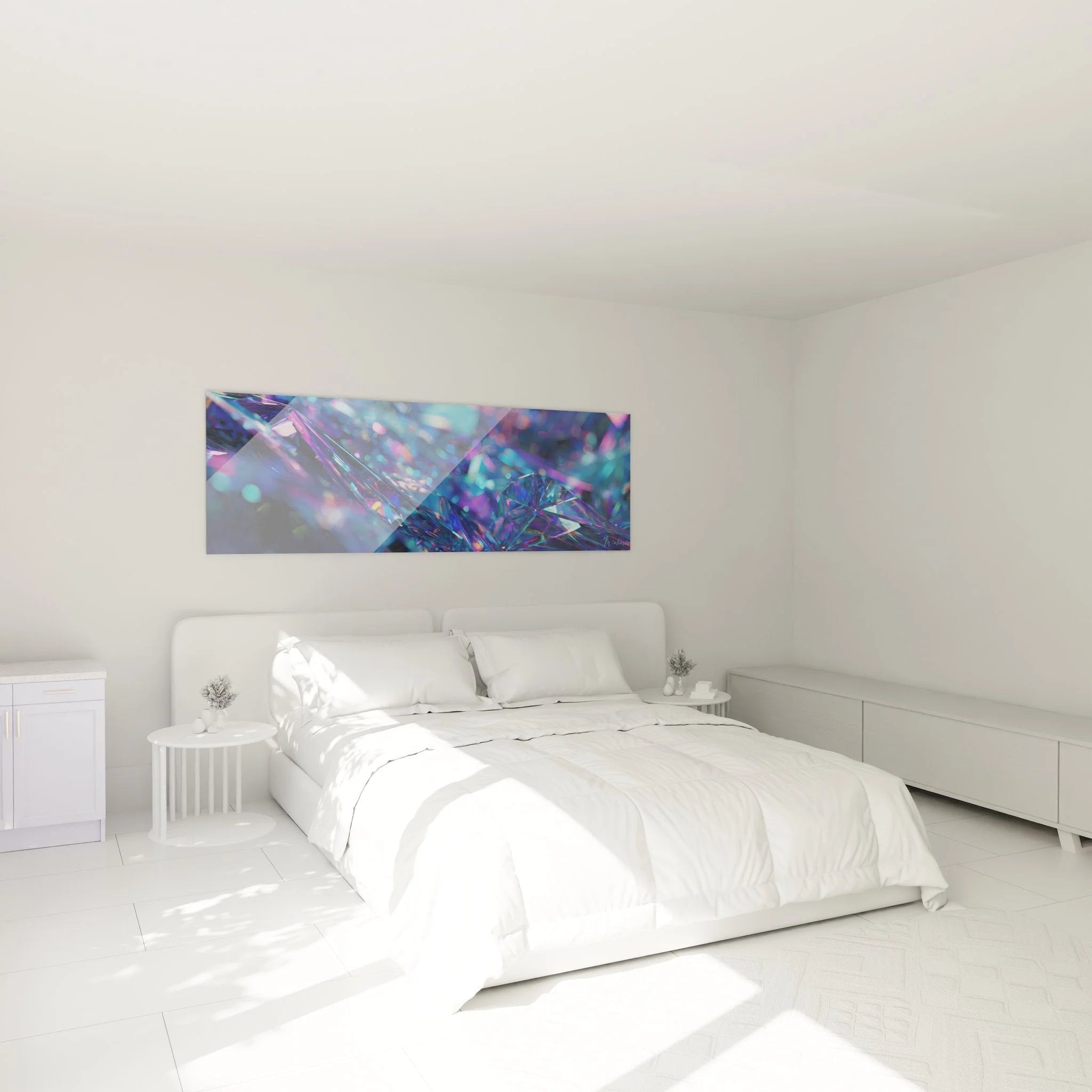 Wandbild Diamant Kristalle in modernem Schlafzimmer, prismatische Lichteffekte als Wanddeko