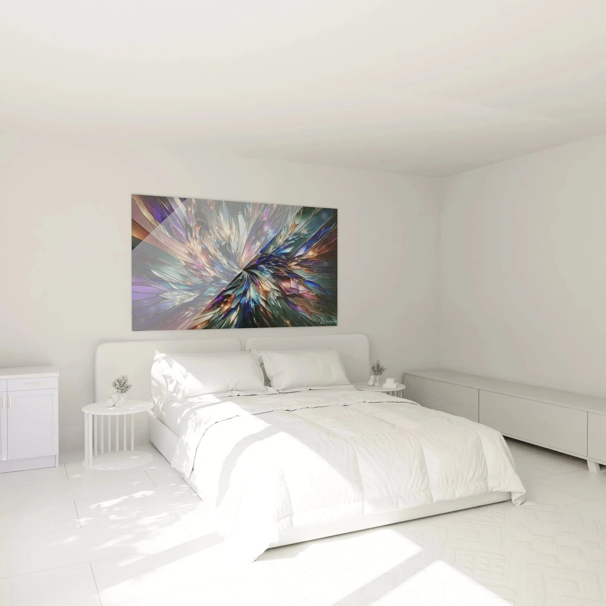 Geometrisches Wandbild Kristallexplosion als moderne Schlafzimmer Dekoration über dem Bett