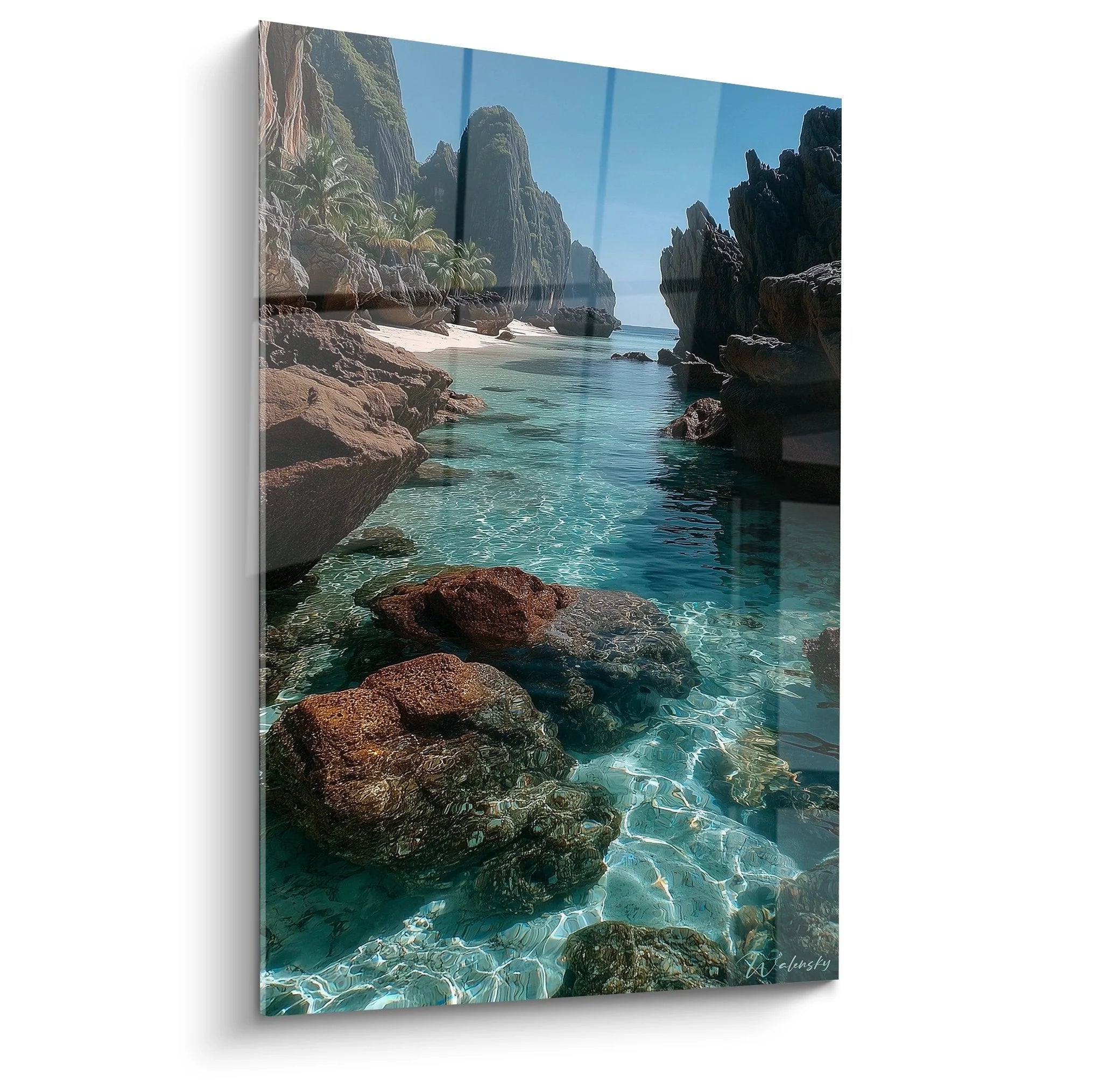 Wandbild kristallklare türkise Lagune zwischen majestätischen Kalksteinfelsen - tropisches Paradies