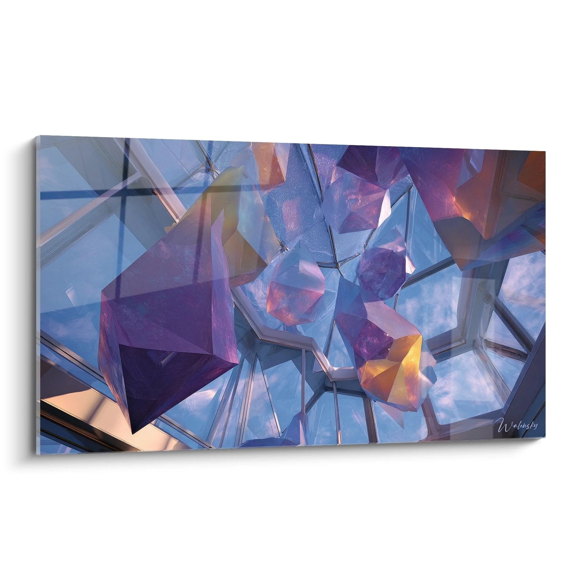 Wandbild Kristallprismen in blau-violetten Tönen mit transparenten geometrischen Formen