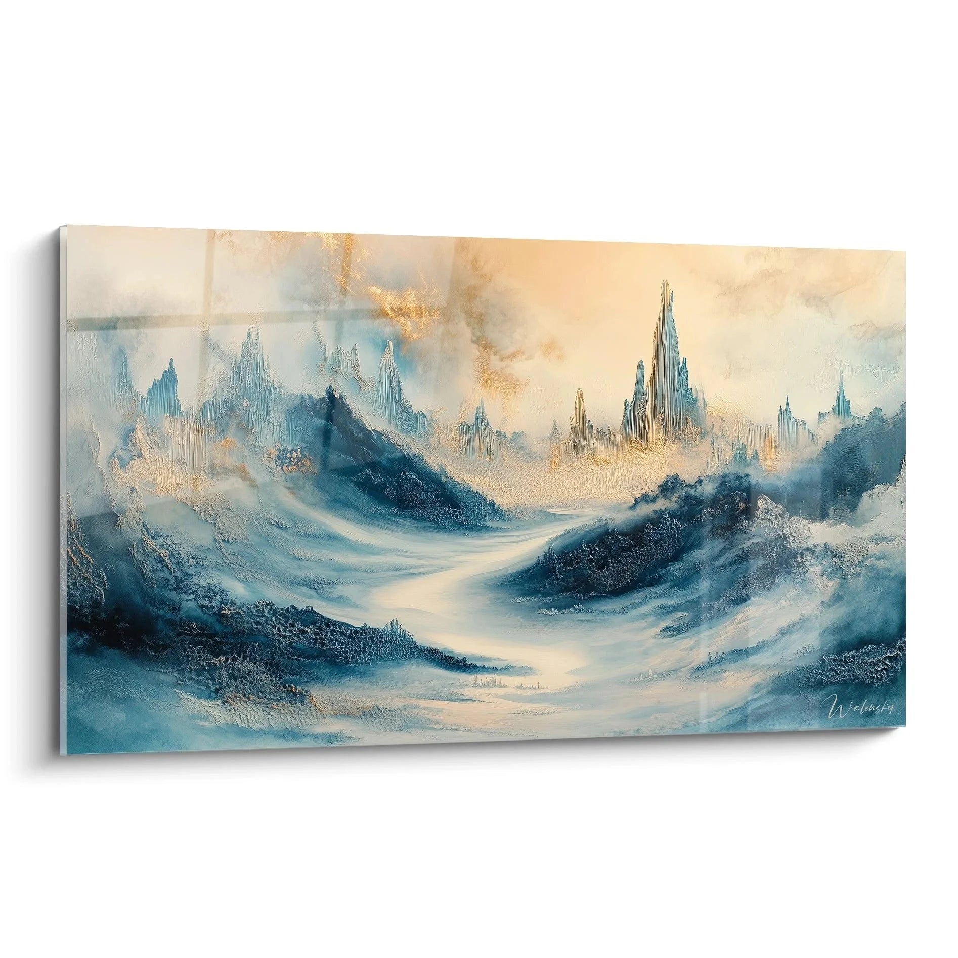 Wandbild Kristallstadt mit mystischer Eislandschaft in Blau und Gold - Fantasy Wanddekoration XXL