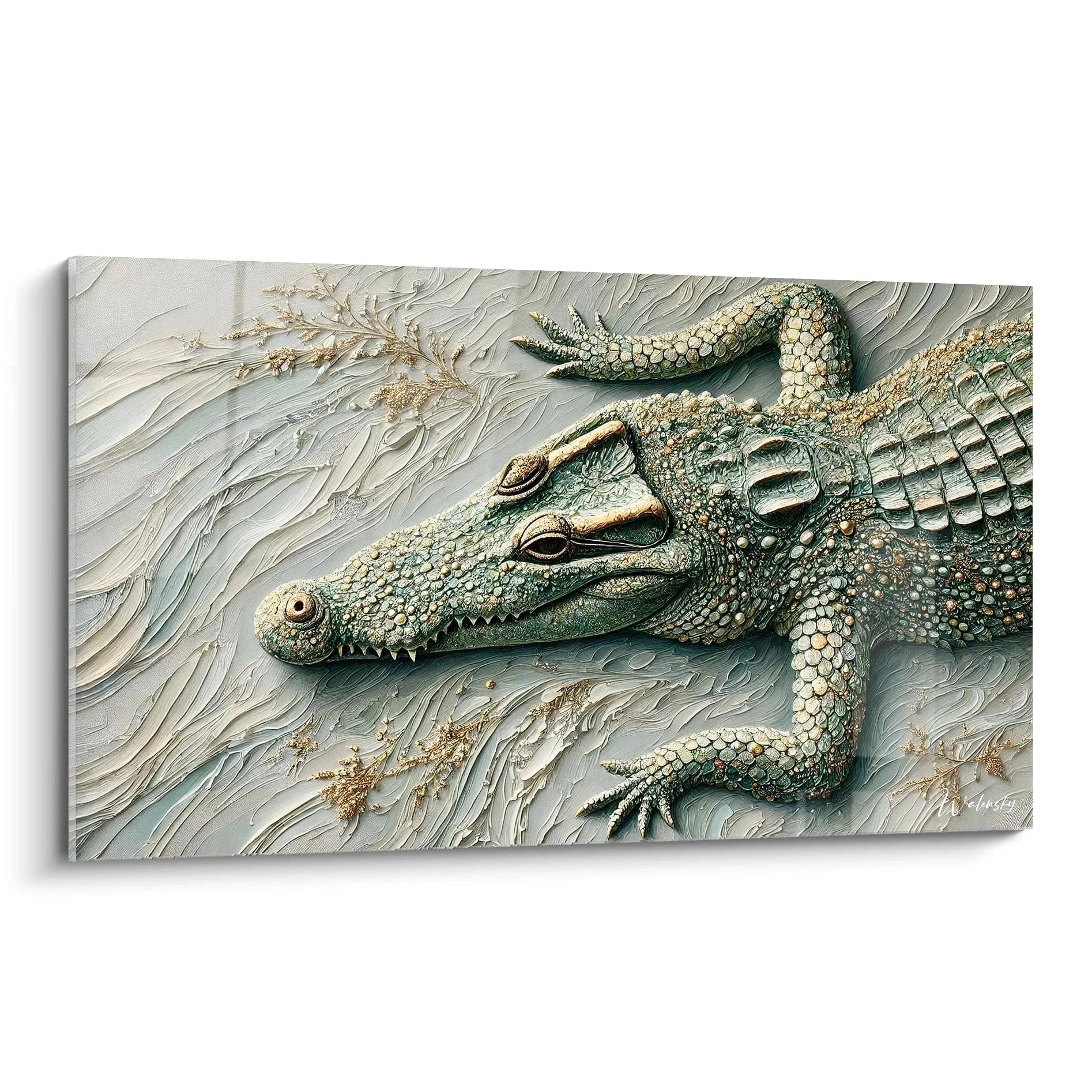 Wandbild Krokodil mit 3D-Relief-Effekt in Wasserströmung - Premium Wanddekoration XXL