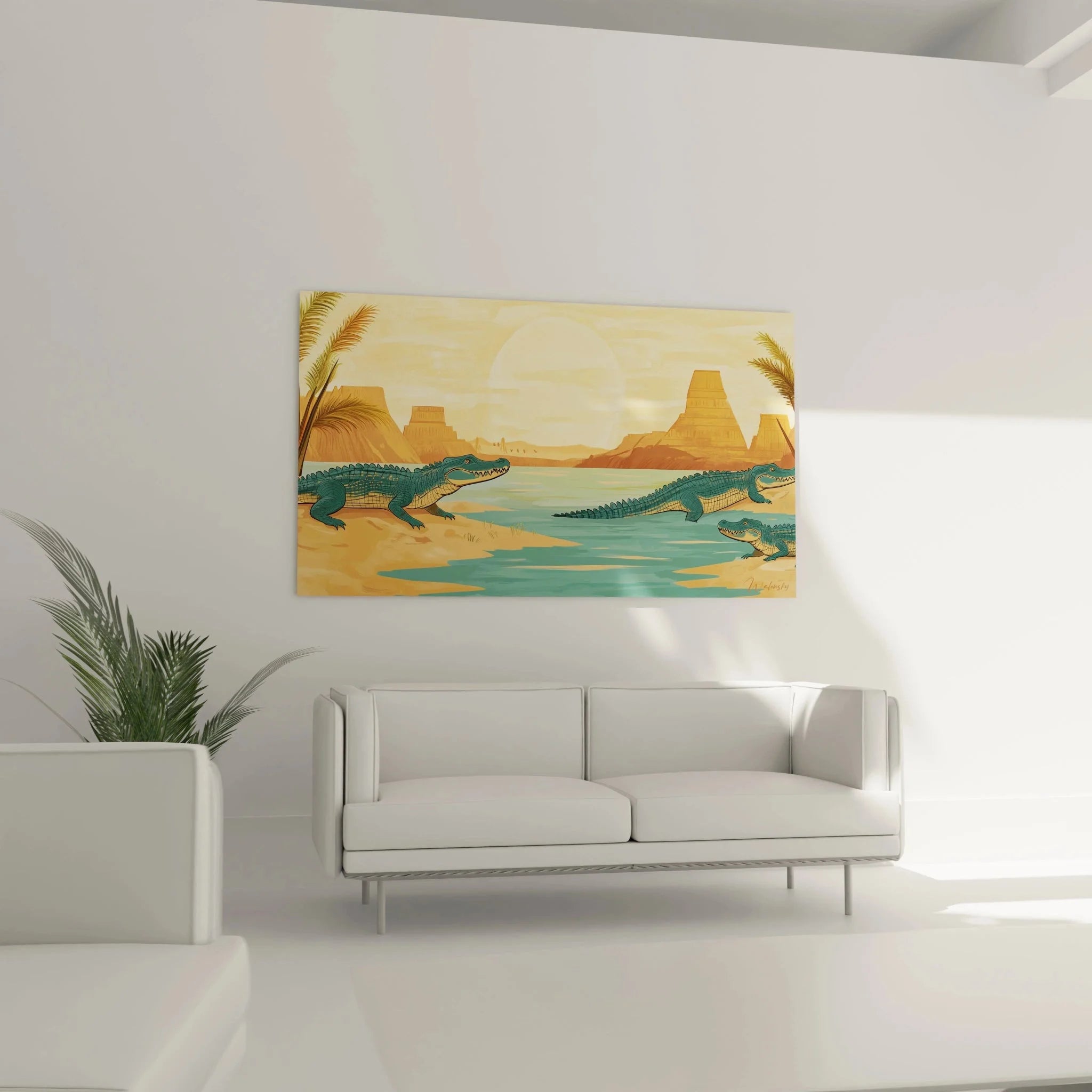 Detailansicht Wandbild Krokodile zeigt realistische Darstellung der Reptilien am Wüstenfluss