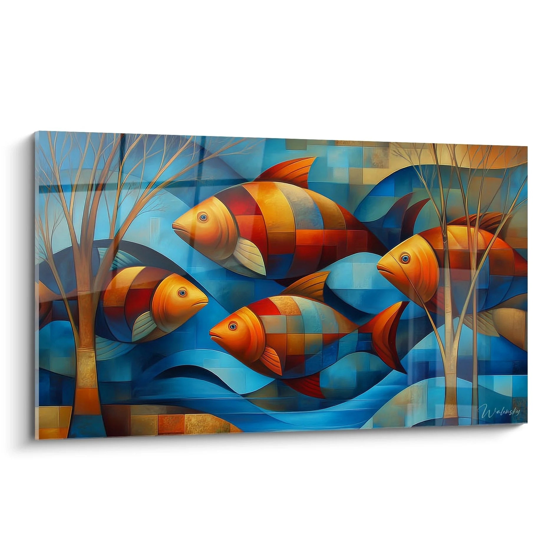 Wandbild kubistische Fische in geometrischem Design mit warmen Farben und blauen Wasserelementen