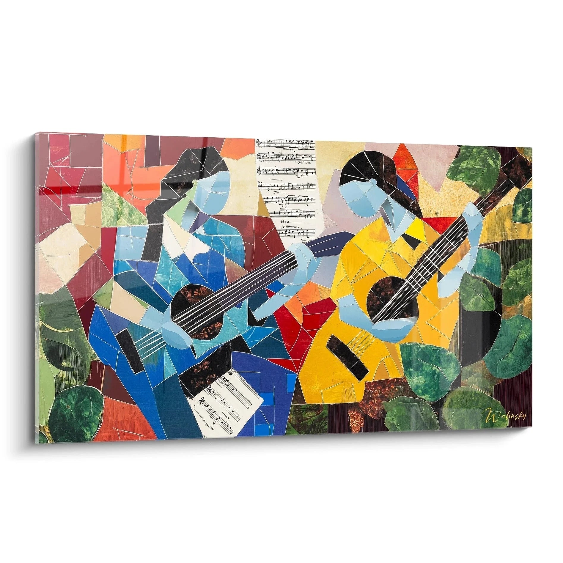 Wandbild kubistische Musiker Henri Matisse Stil mit Gitarren und Musiknoten in bunten Farben
