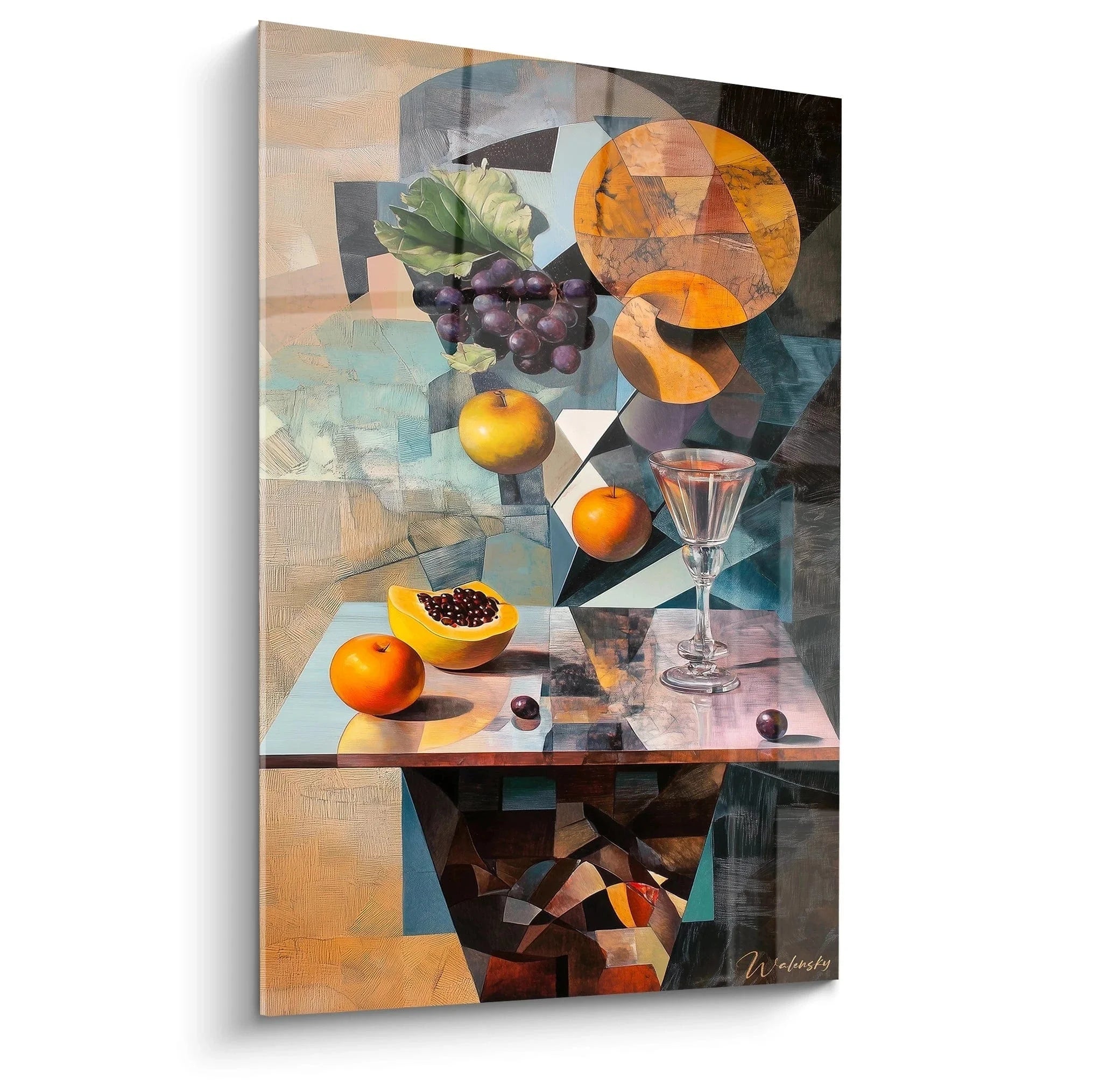 Kubistisches Wandbild Stillleben mit Früchten und Weinglas im Georges Braque Stil