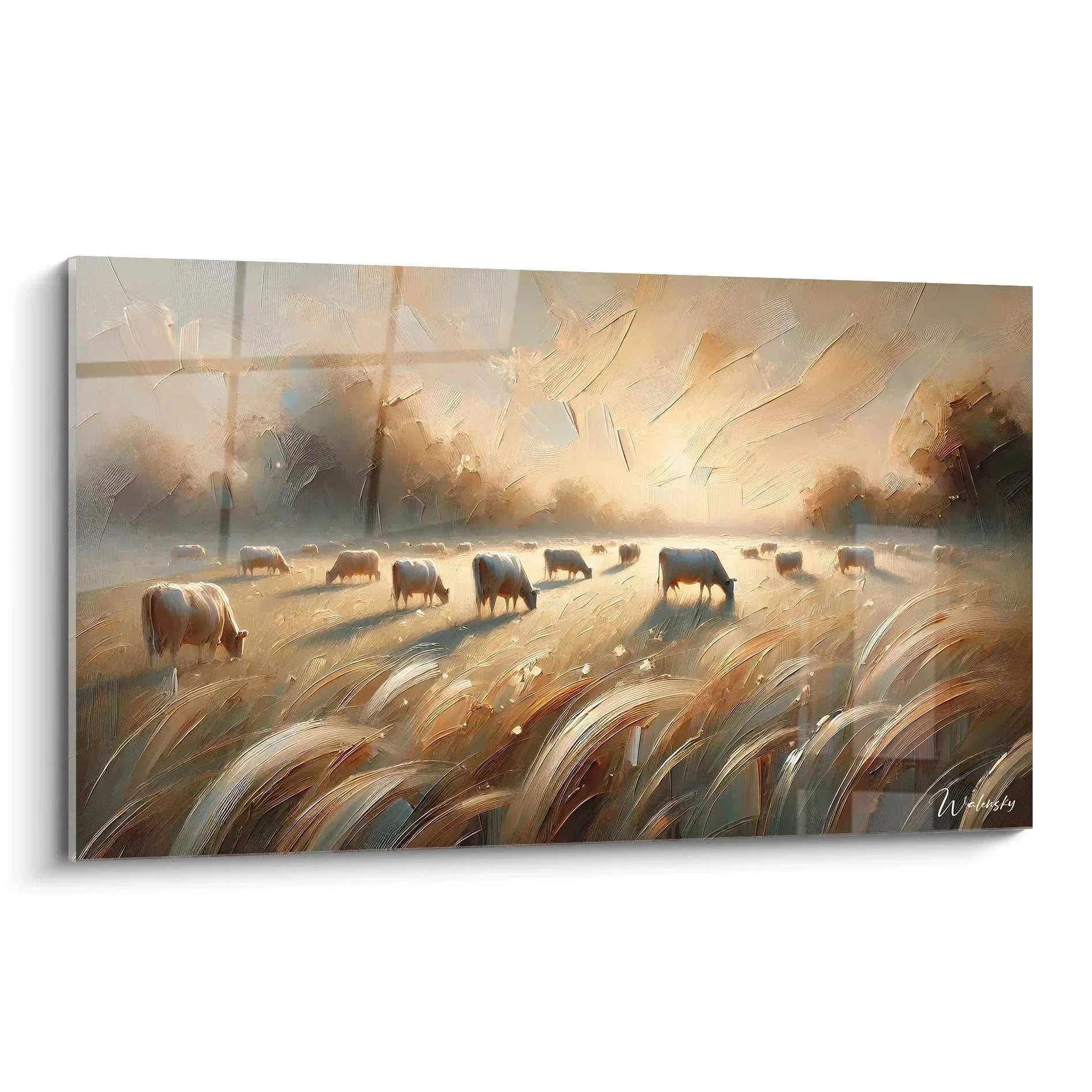 Wandbild Kühe auf sonniger Weide im Morgenlicht - Ländliche Idylle XXL Leinwandbild