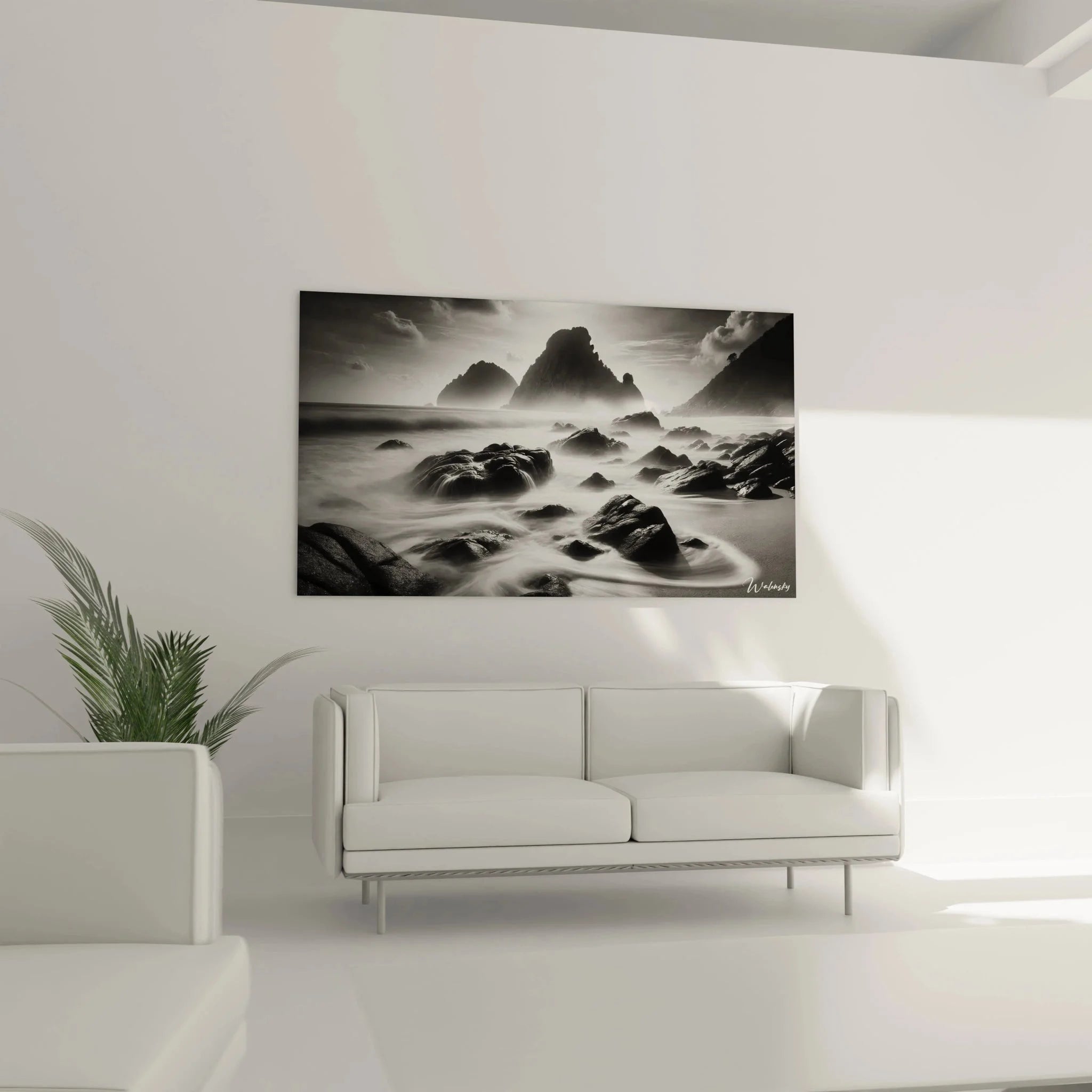 Detailaufnahme maritime Wandkunst schwarz-weiß mit Felsen und Wellen Textur