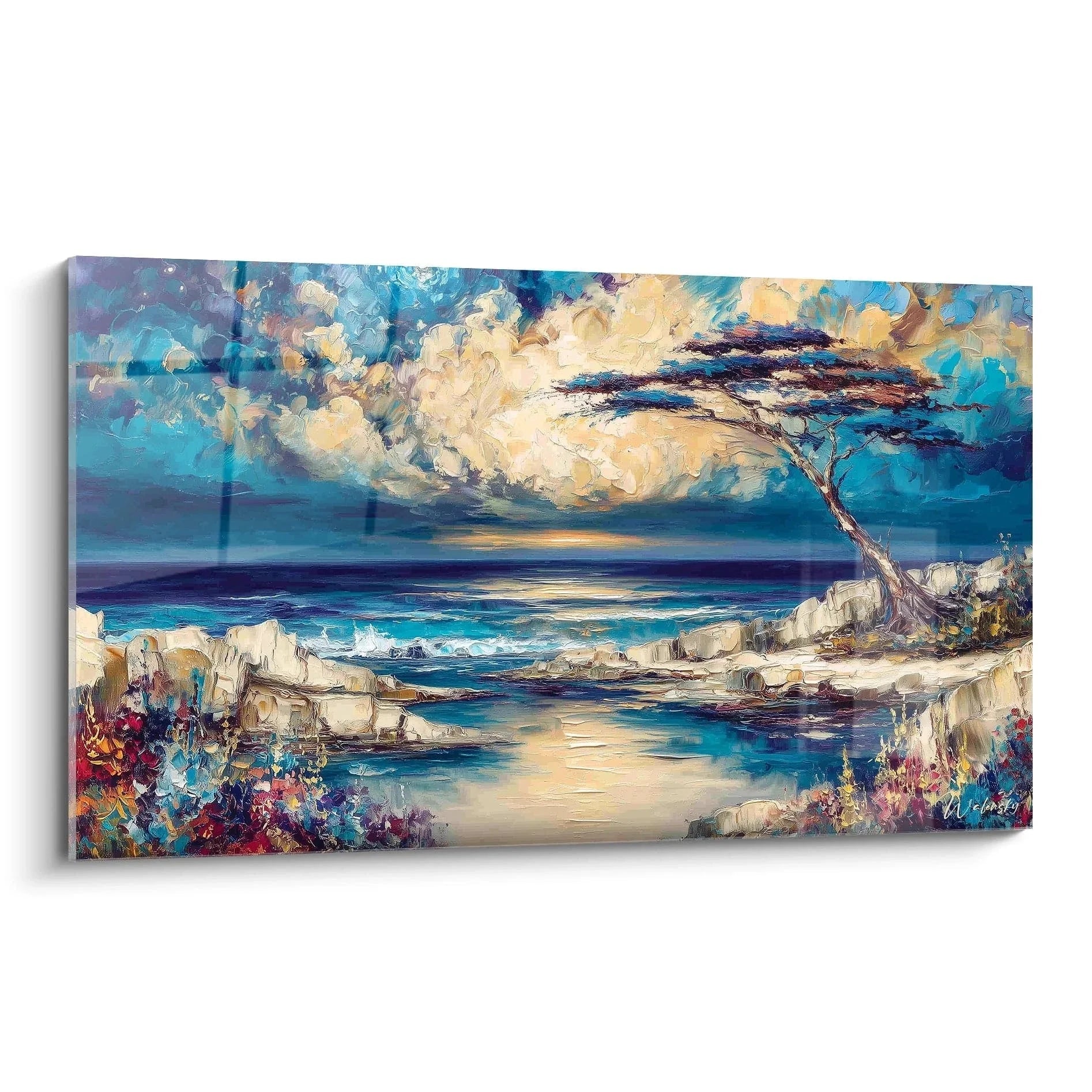 Wandbild Küstenlandschaft Afrika mit Baobab-Baum und türkisblauem Meer in impressionistischem Stil