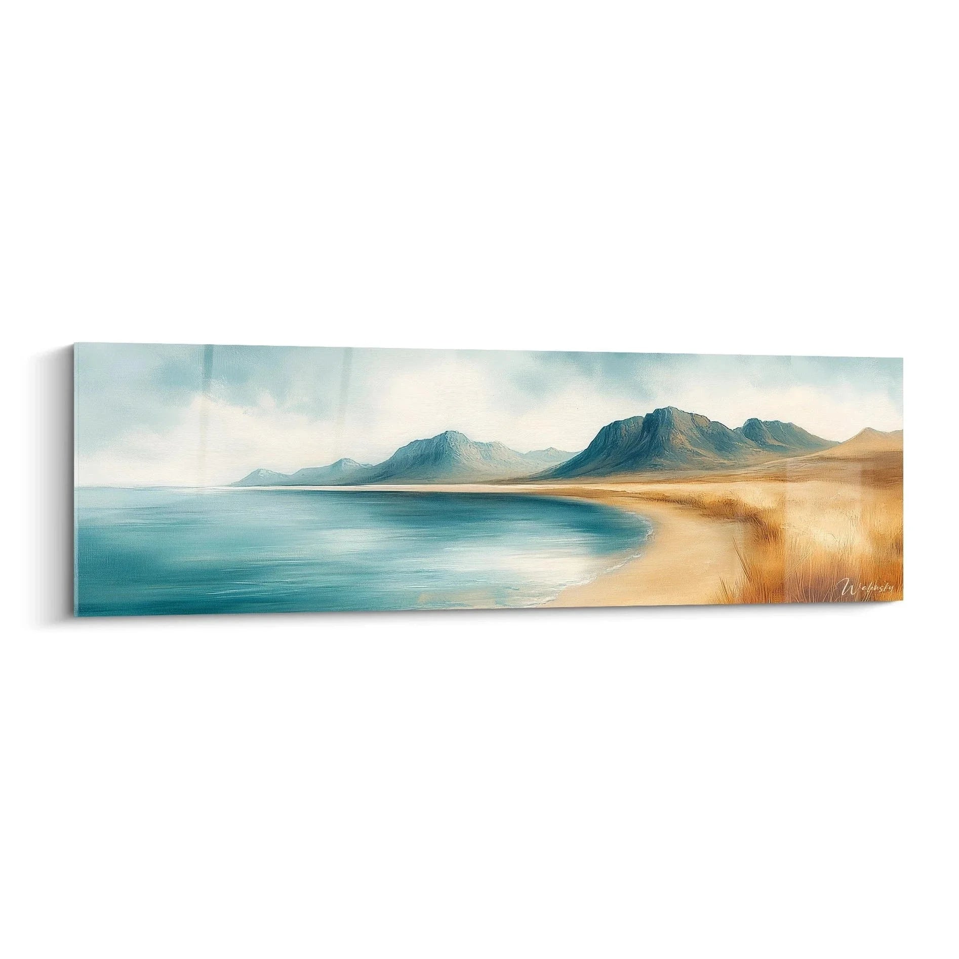 Wandbild Küstenlandschaft mit Bergen am türkisblauen Meer, goldener Sandstrand, Edition Strand Wanddekoration