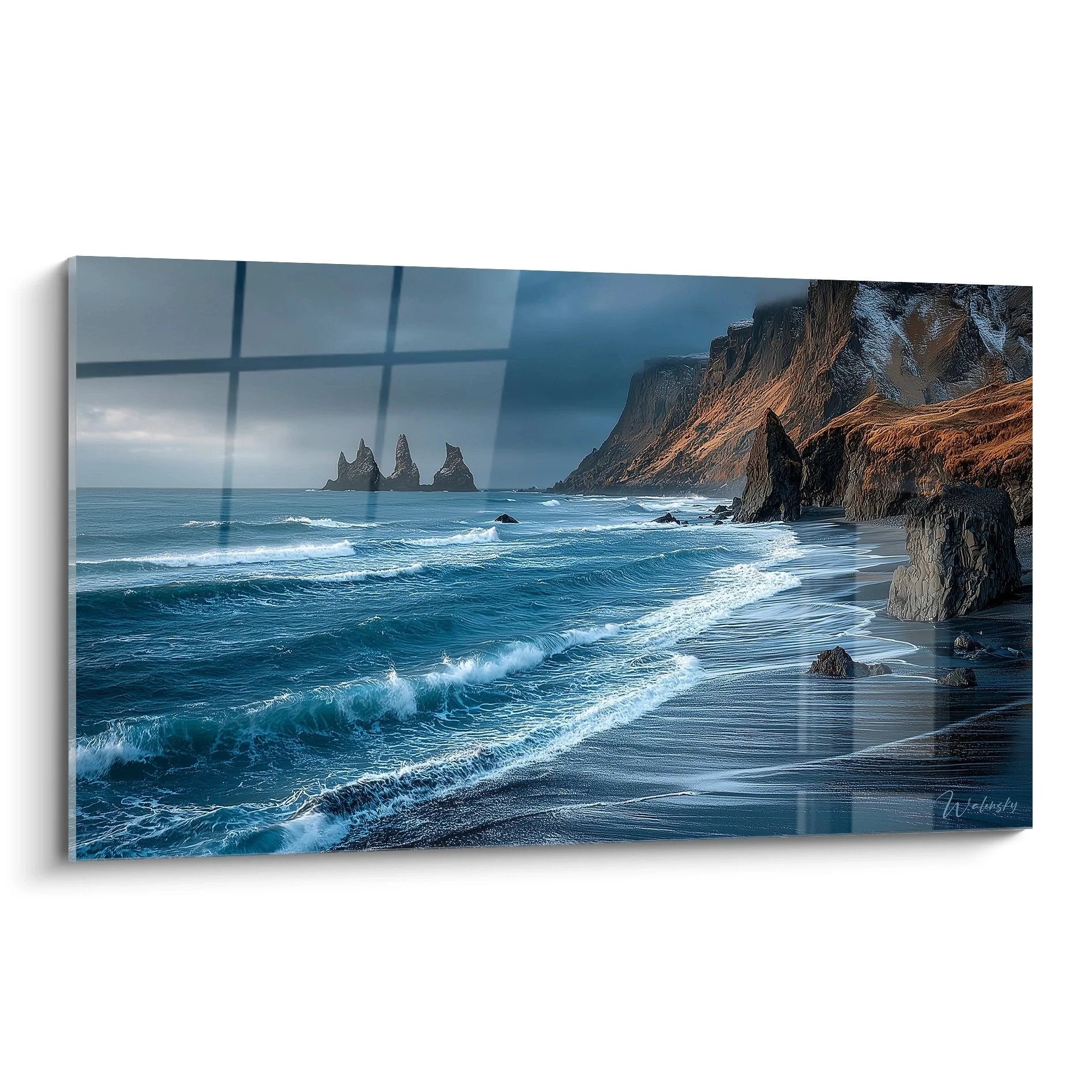 Wandbild dramatische Küstenlandschaft mit Klippen und türkiser Brandung, schwarzer Lavastrand