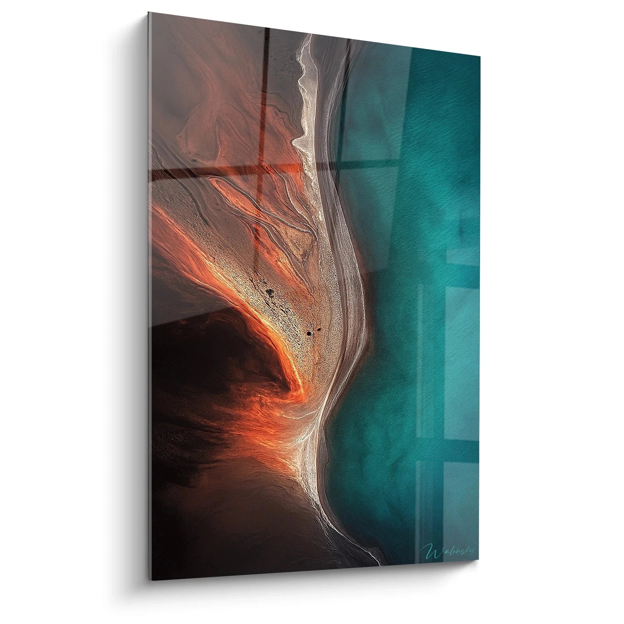 Wandbild Küstenlandschaft Luftaufnahme mit warmen und kühlen Farbtönen, abstrakte Naturkunst