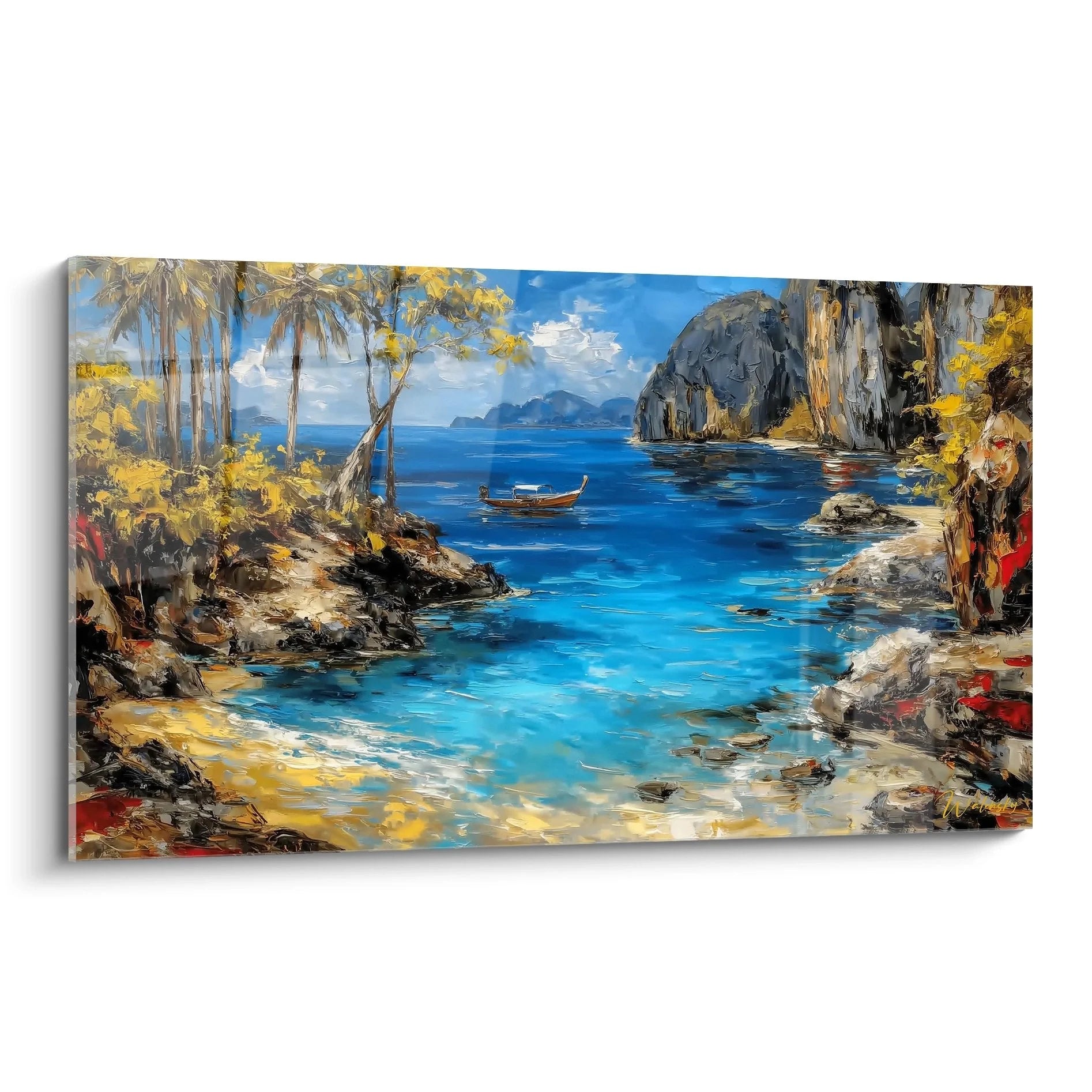 Wandbild mediterrane Küstenlandschaft mit kristallblauem Meer, Palmen und Felsklippen - Edition Strand