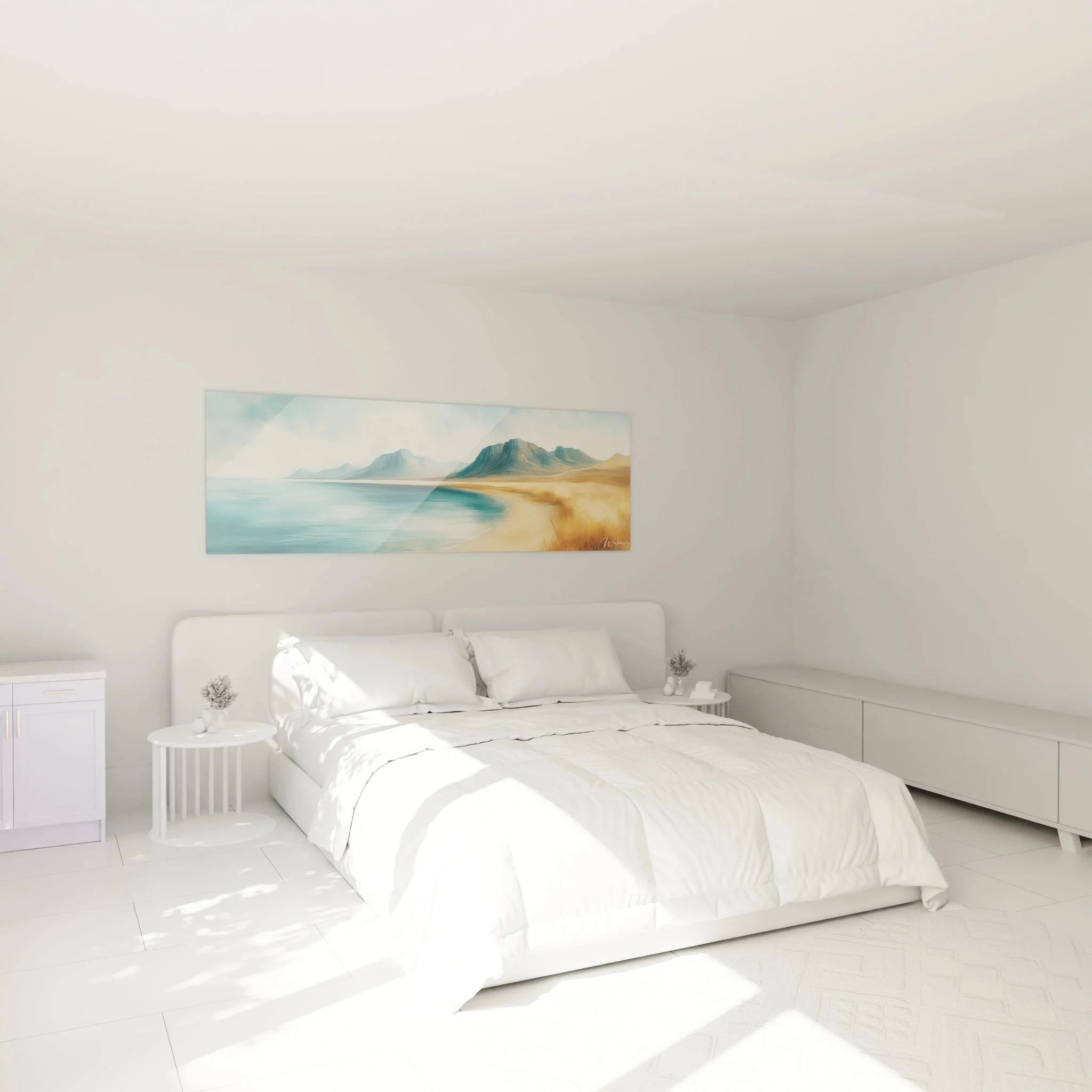 Wandbild Küstenlandschaft im Schlafzimmer, beruhigende Meerblick Dekoration mit Bergen über dem Bett