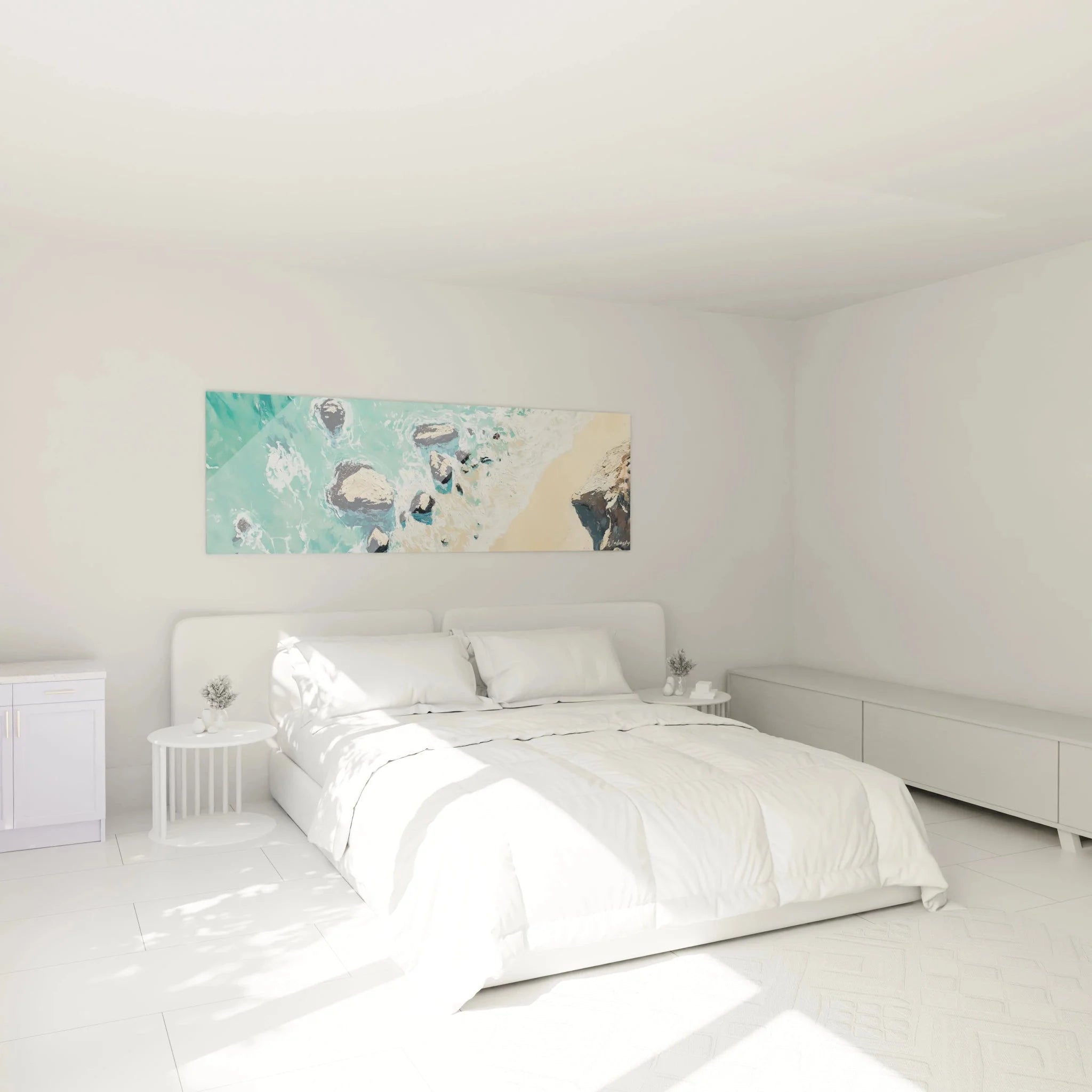 Wandbild türkise Küstenlandschaft über dem Bett im modernen Schlafzimmer