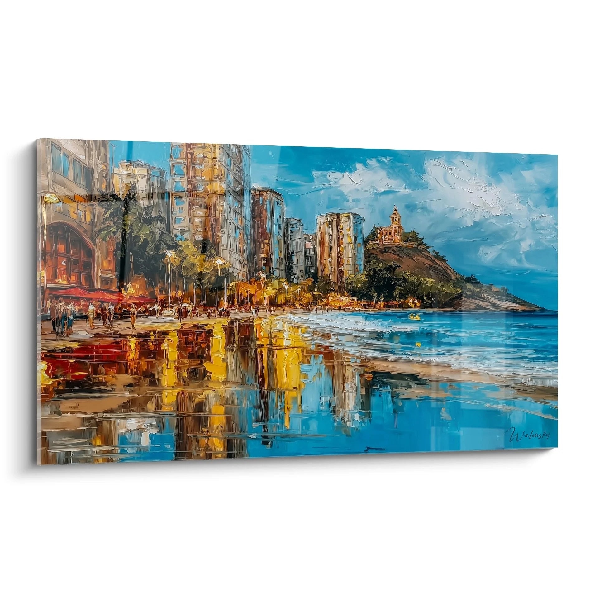 Wandbild Küstenstadt mit Reflexion im Wasser, tropisches Strandpanorama mit Hochhäusern