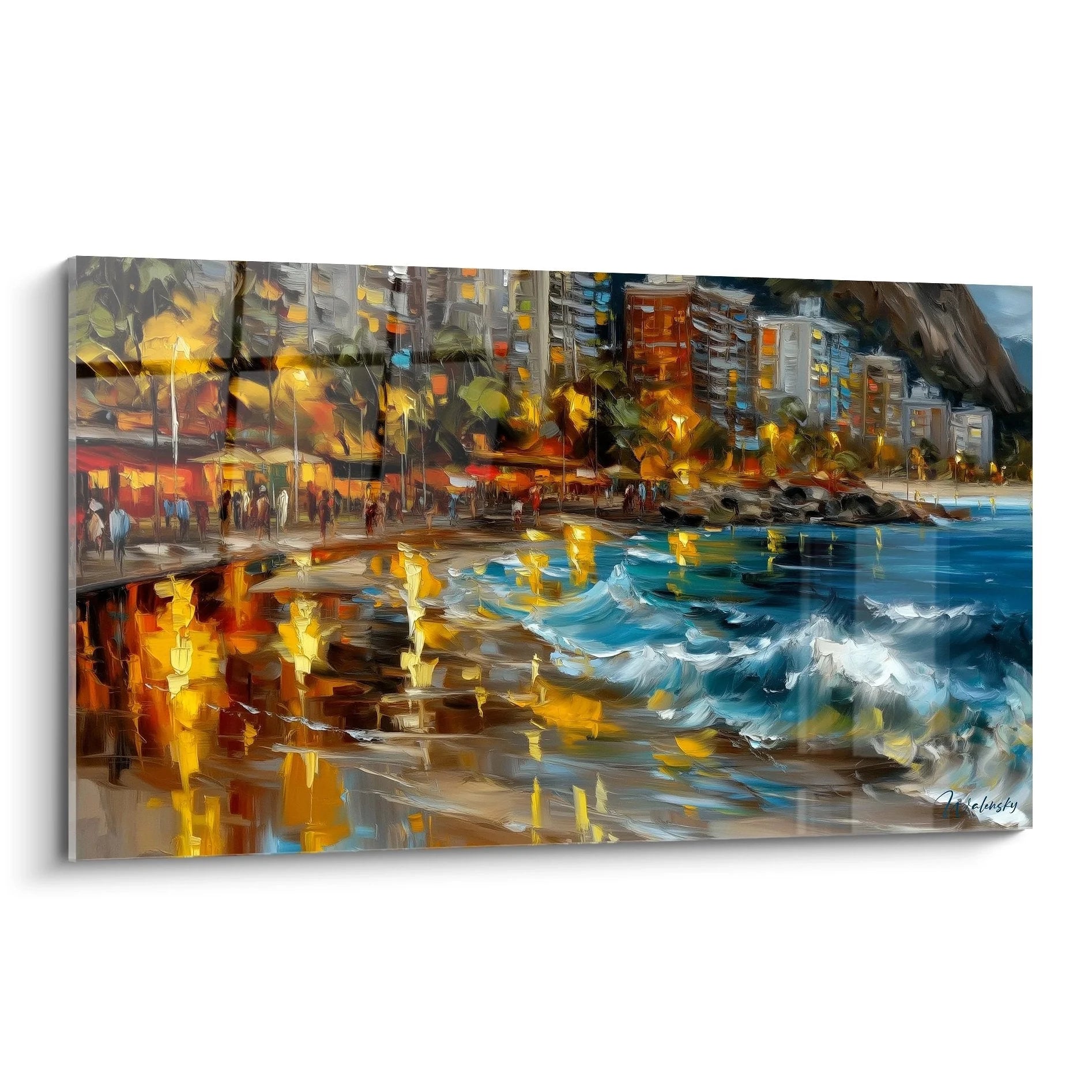 Wandbild Küstenstadt bei Nacht mit leuchtender Strandpromenade und Hochhäusern am Meer