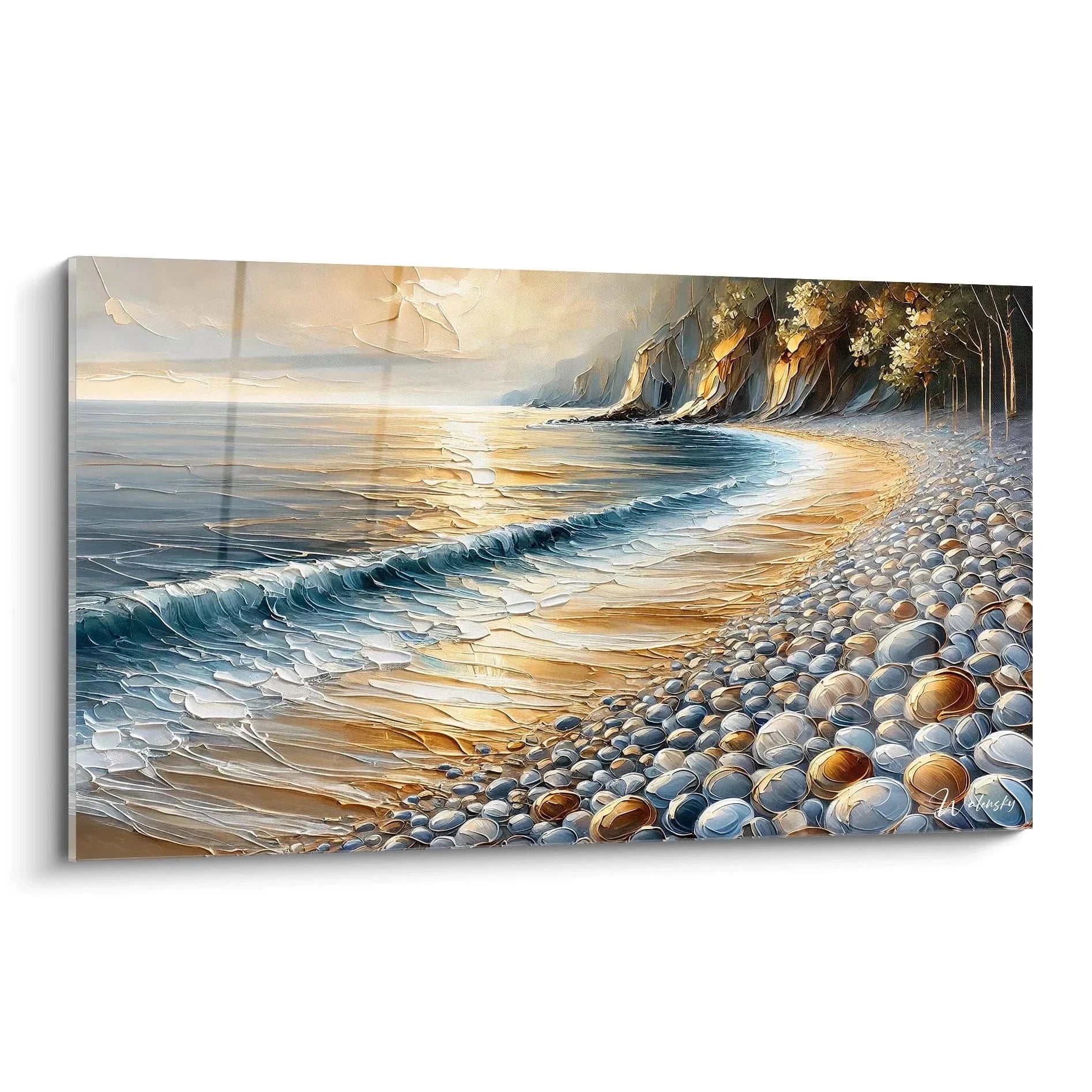 Wandbild Küstenstrand mit goldenen Wellen und Kieselsteinen in warmem Abendlicht - maritime Wanddekoration