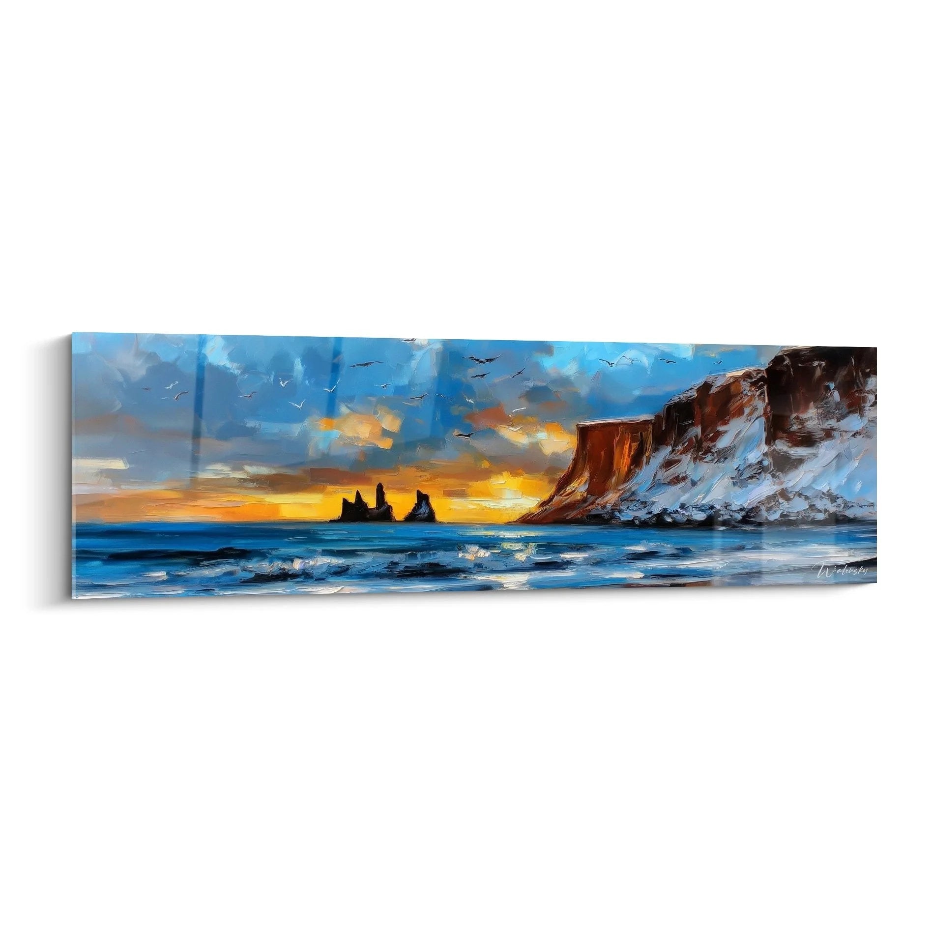 Wandbild Küstenszenerie Island mit dramatischem Sonnenuntergang, Klippen und Meer - Edition Strand