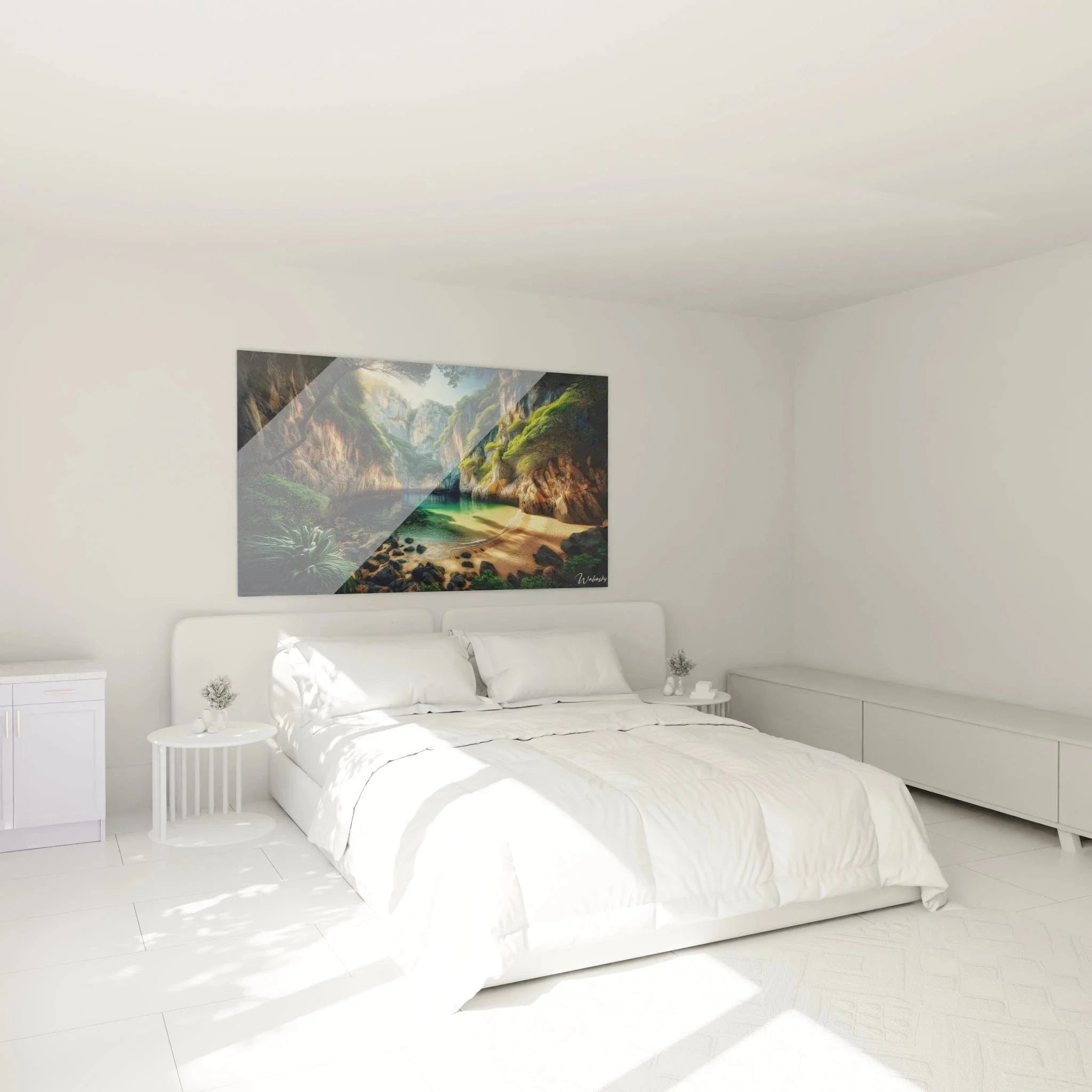 Wandbild tropische Lagune im Schlafzimmer - Strand Wanddekoration mit türkisfarbenem Wasser