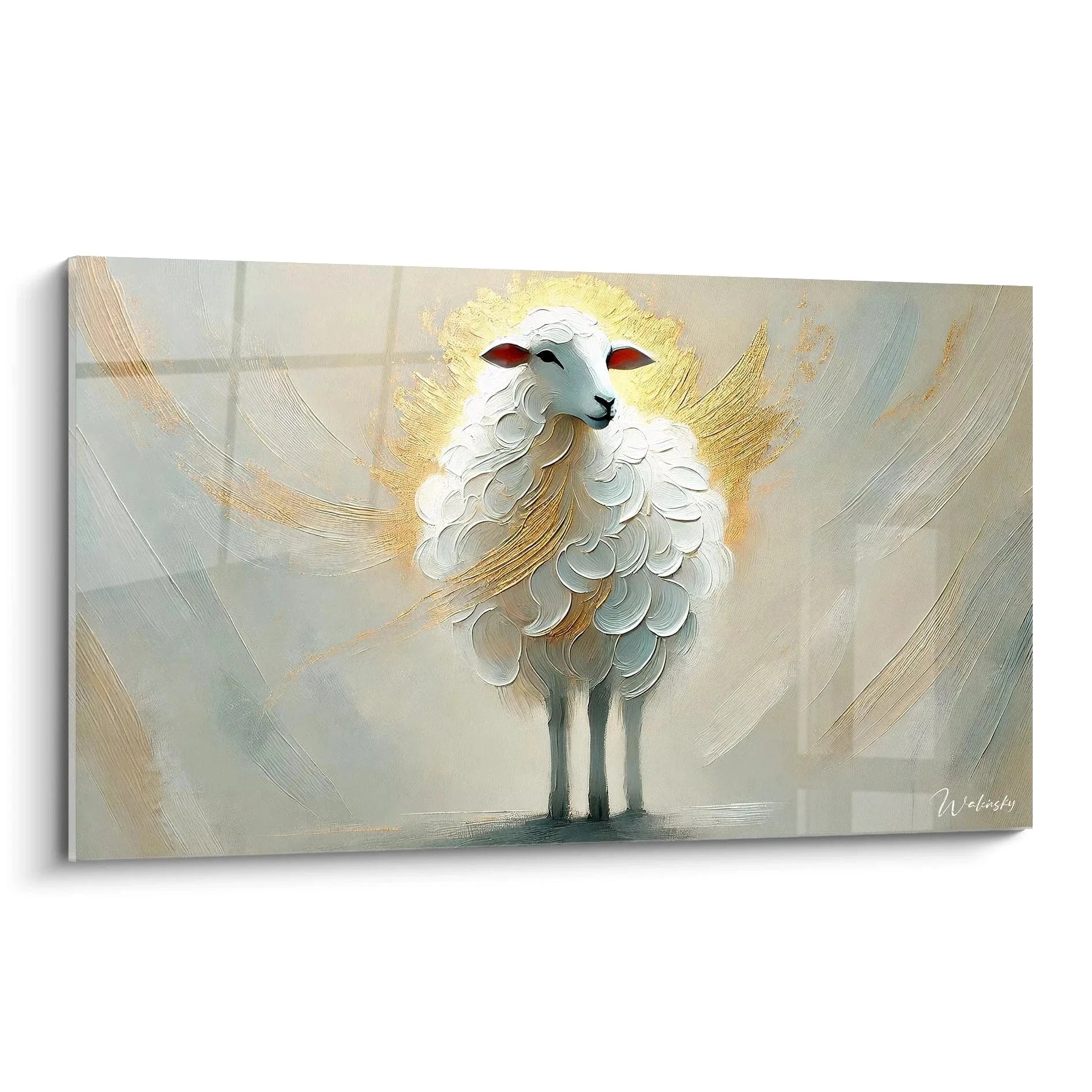Wandbild Lamm mit goldener Aura und Flügeln - spirituelle Wandkunst XXL für Wohnzimmer