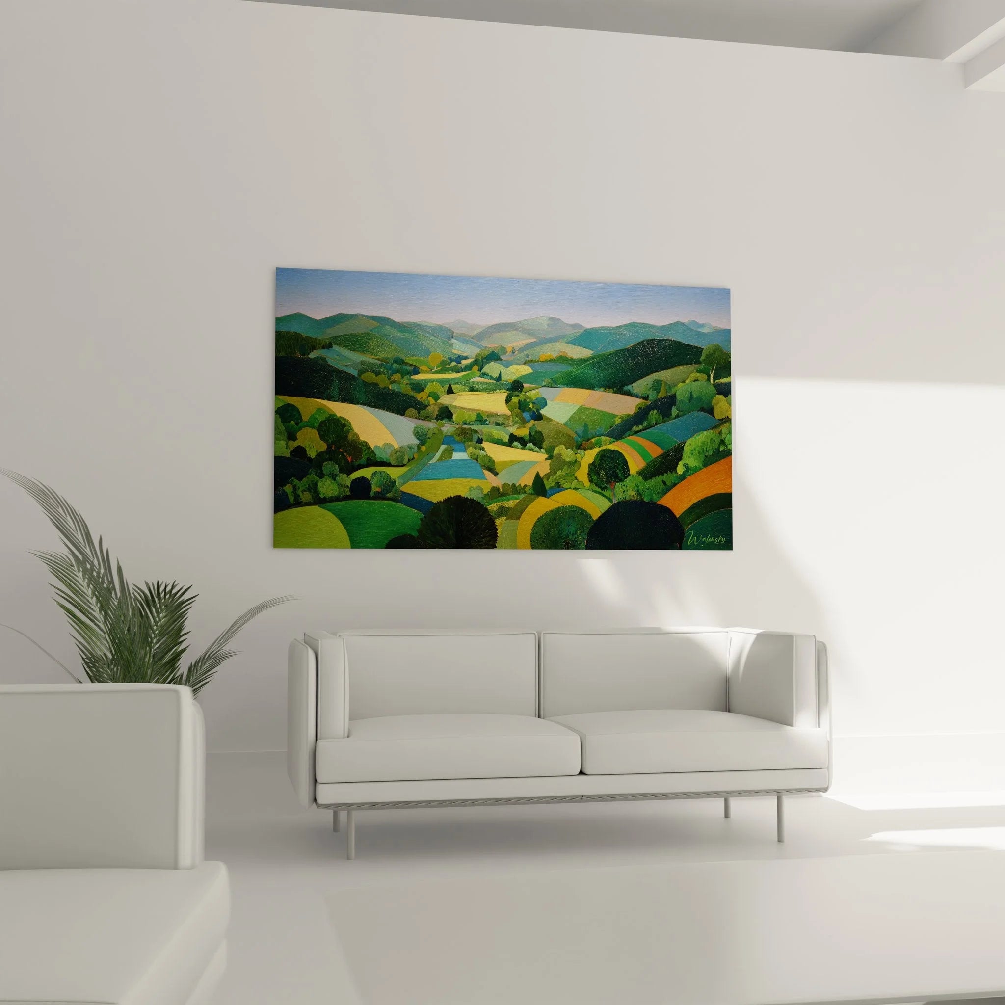 Detailansicht Wandbild Hügellandschaft mit grünen Feldern und Fluss in künstlerischer Darstellung