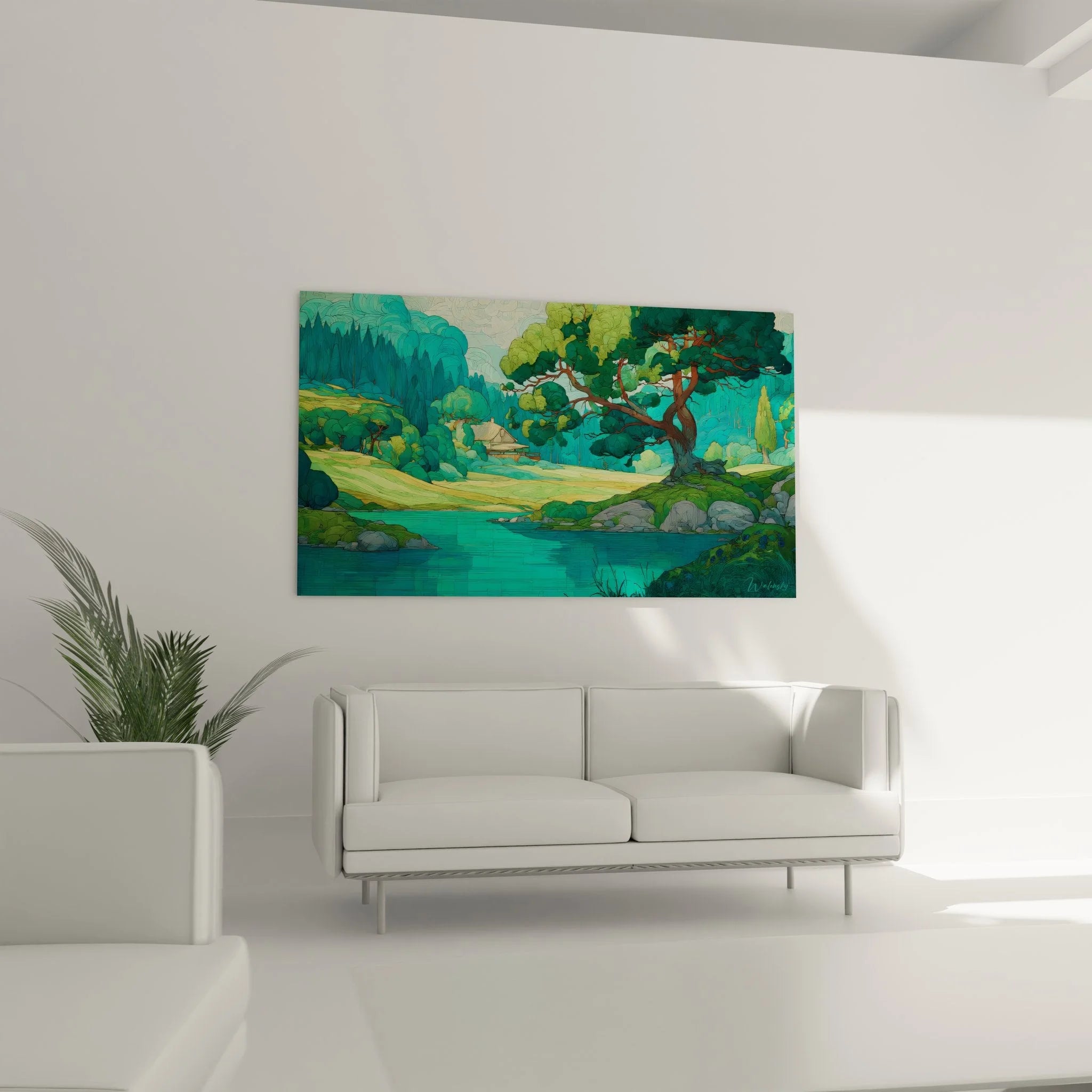 Detailansicht Wandbild Landschaft zeigt türkises Wasser und üppige grüne Vegetation