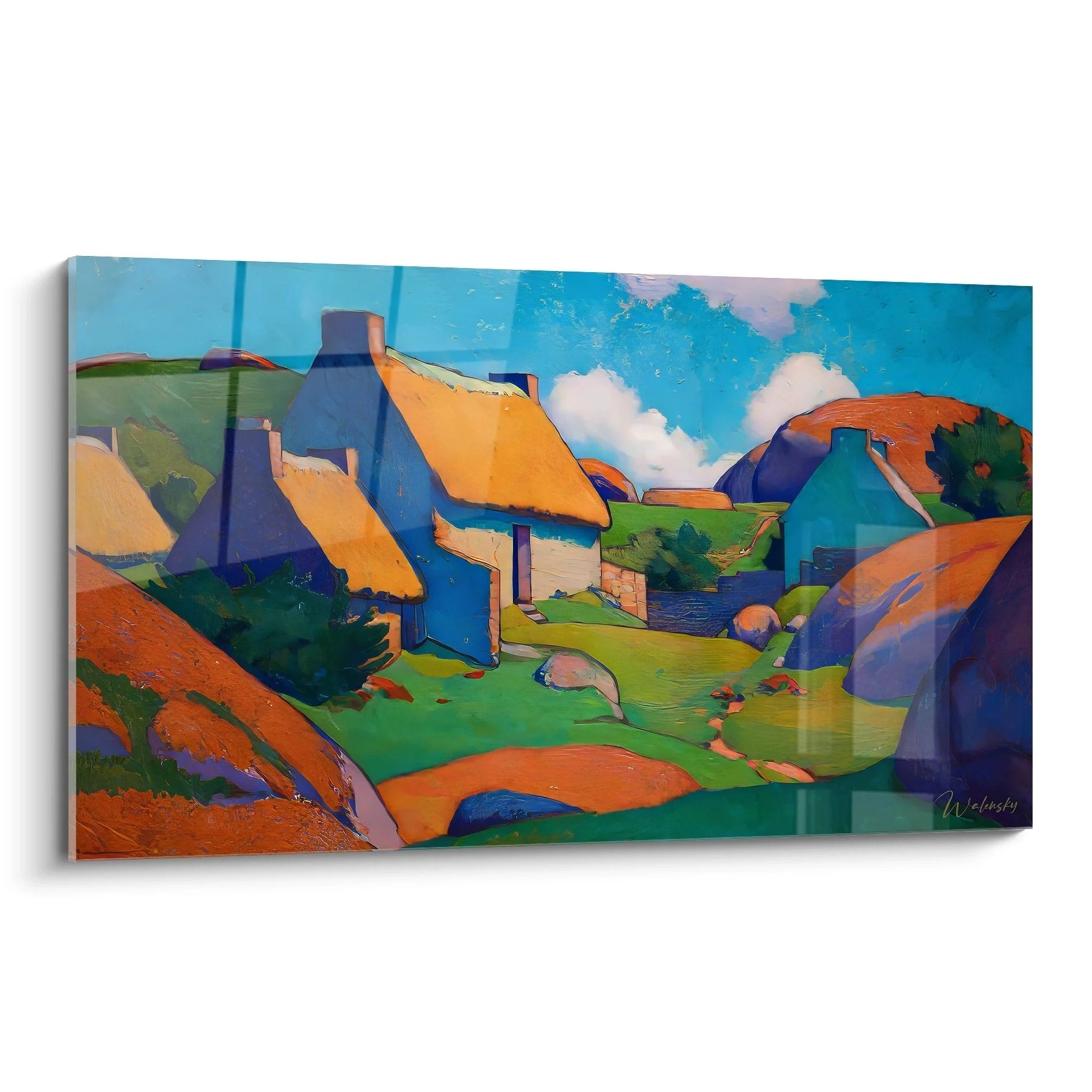Wandbild Landschaft Dorf mit bunten Häusern und orangefarbenen Dächern in expressionistischem Stil