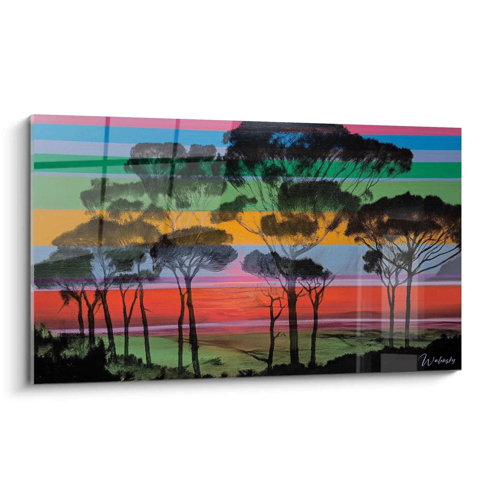 Wandbild Landschaft Op Art mit bunten Streifen und Savannenbäumen, moderne Wanddekoration XXL Format